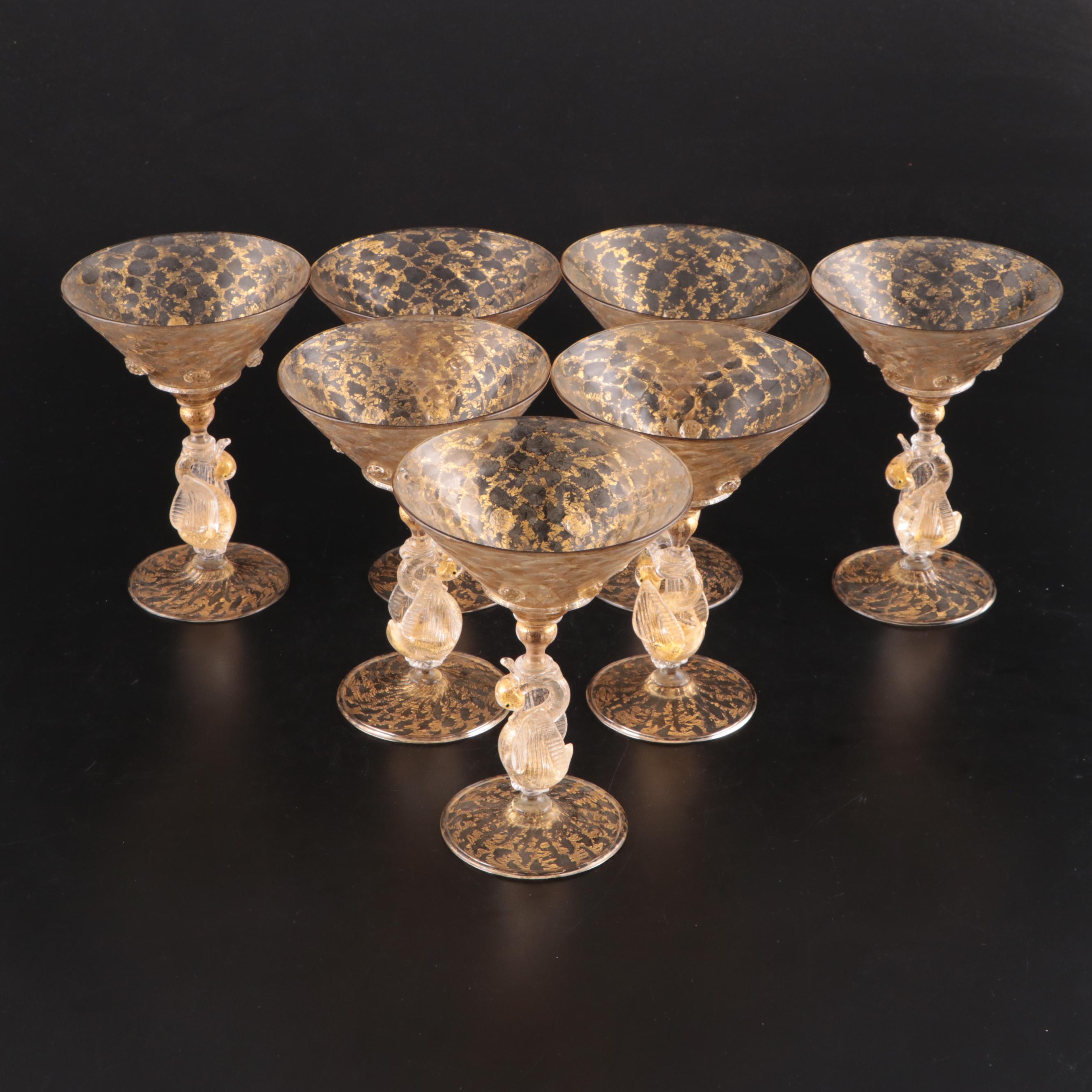 Venetian Murano Glass Swan Martini Glasses and Gold Lattice Plates, Mid-20th C.
