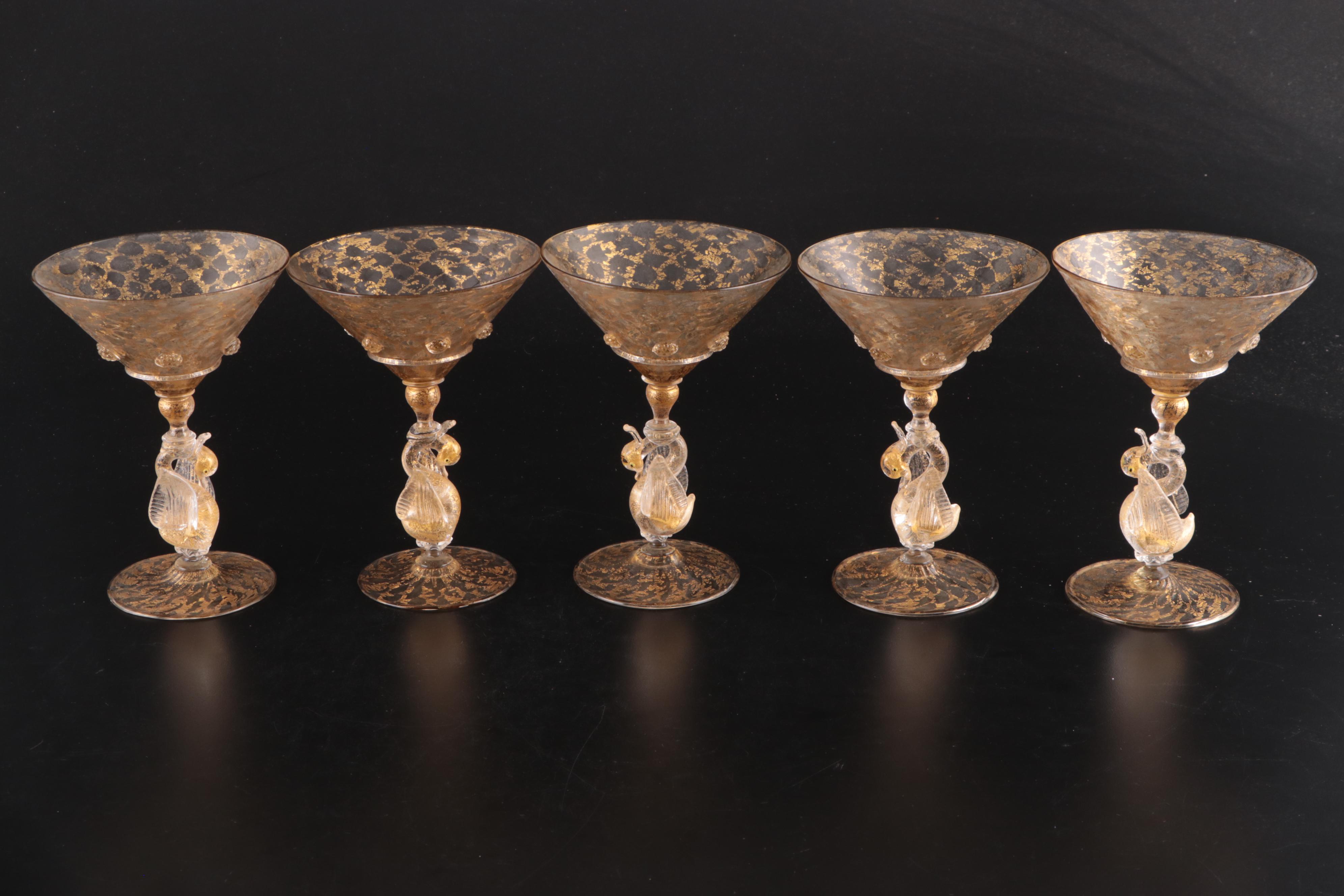 Venetian Murano Glass Swan Martini Glasses and Gold Lattice Plates, Mid-20th C.