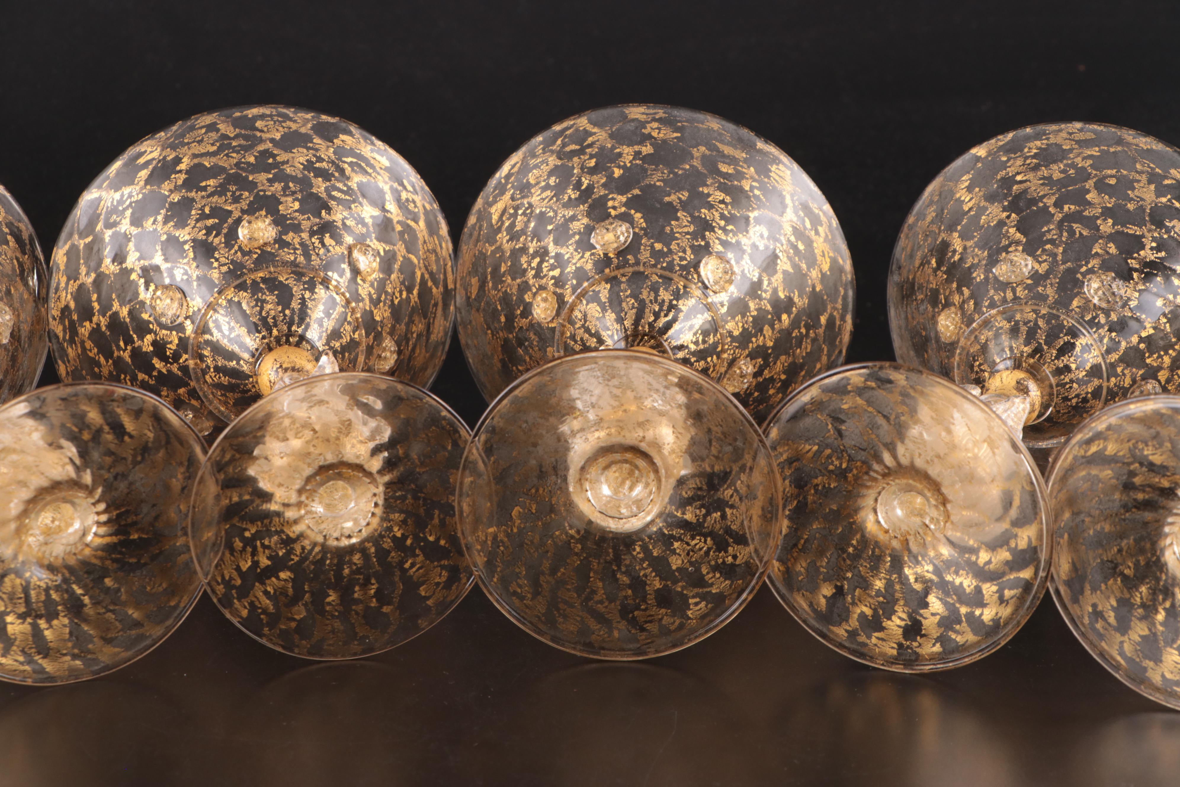 Venetian Murano Glass Swan Martini Glasses and Gold Lattice Plates, Mid-20th C.