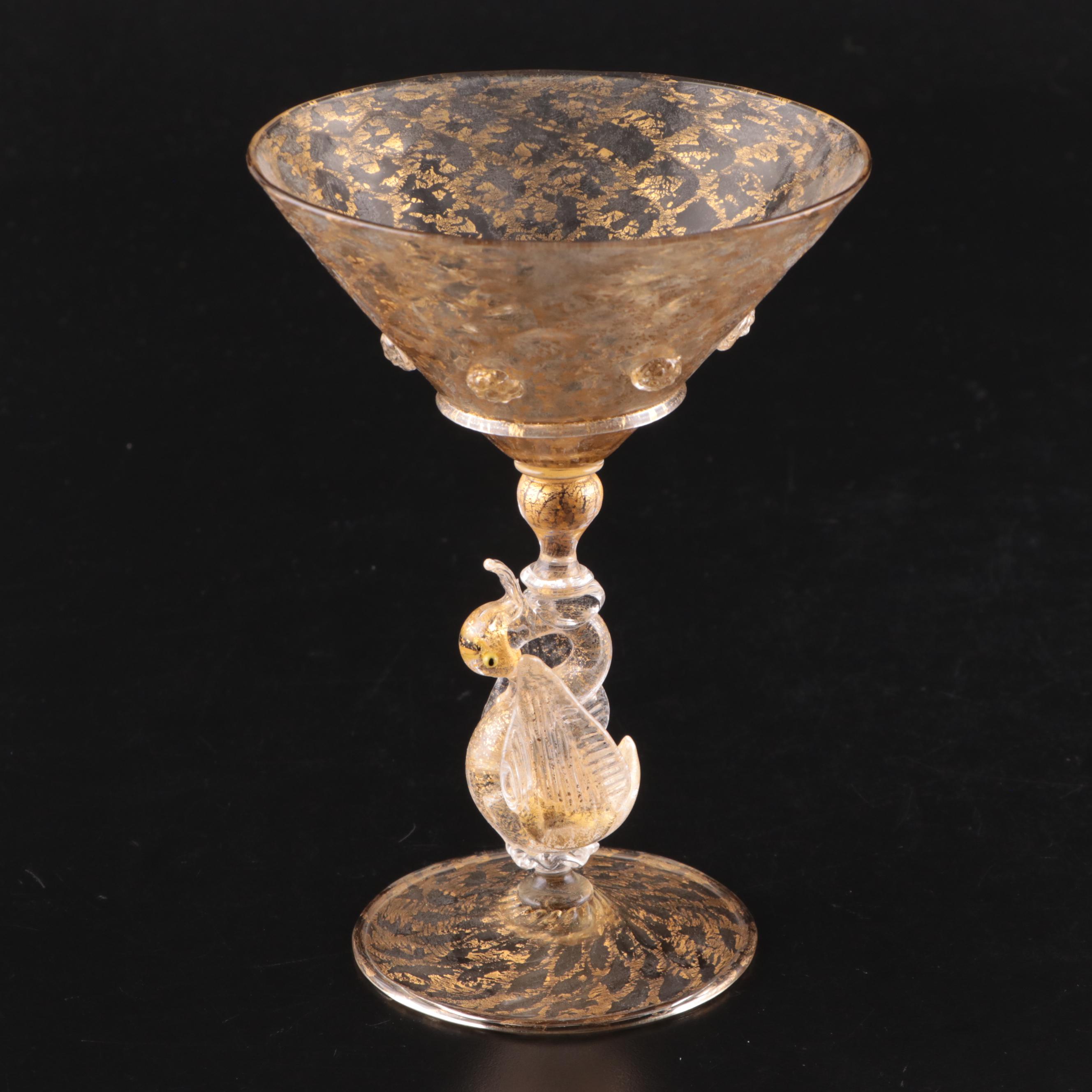 Venetian Murano Glass Swan Martini Glasses and Gold Lattice Plates, Mid-20th C.