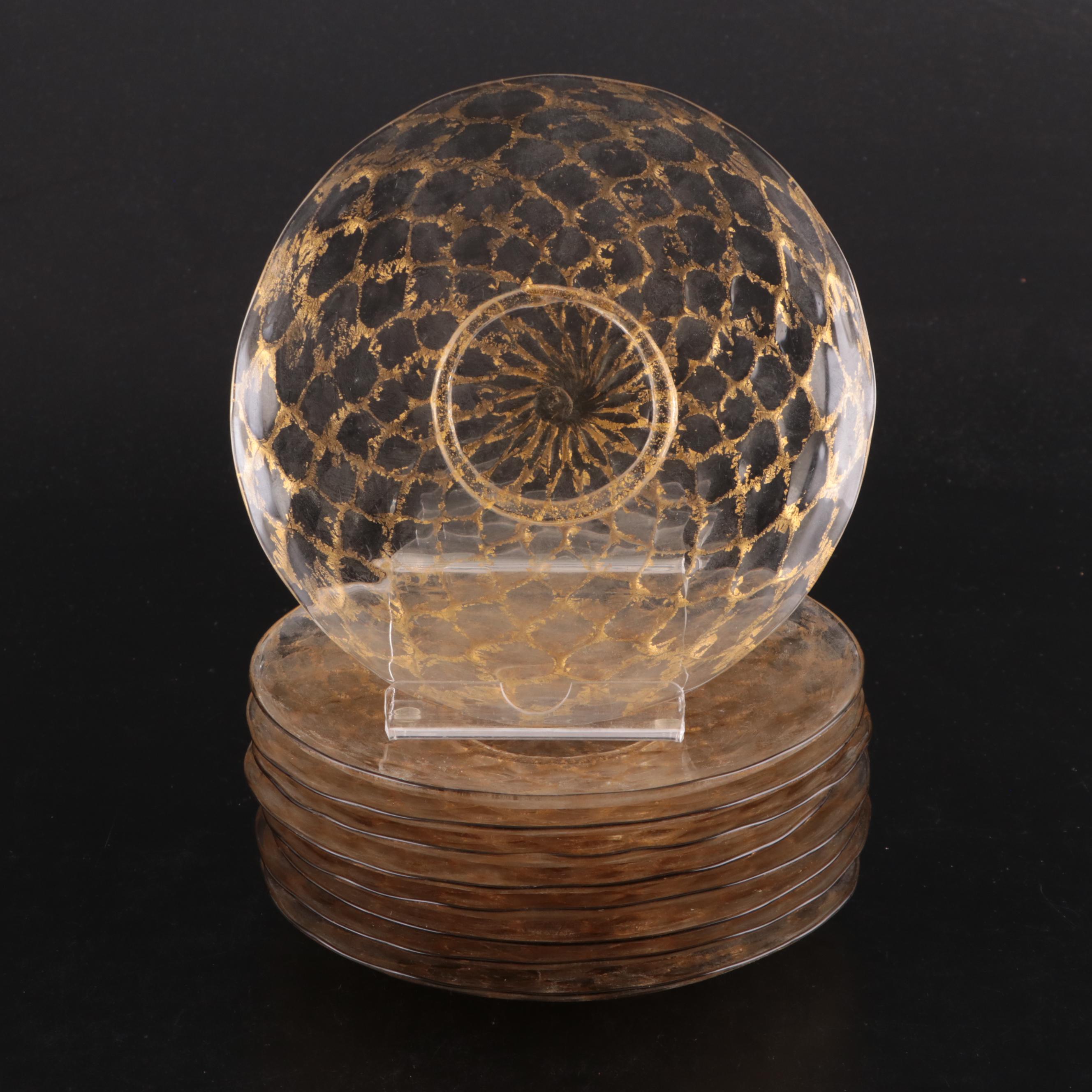 Venetian Murano Glass Swan Martini Glasses and Gold Lattice Plates, Mid-20th C.