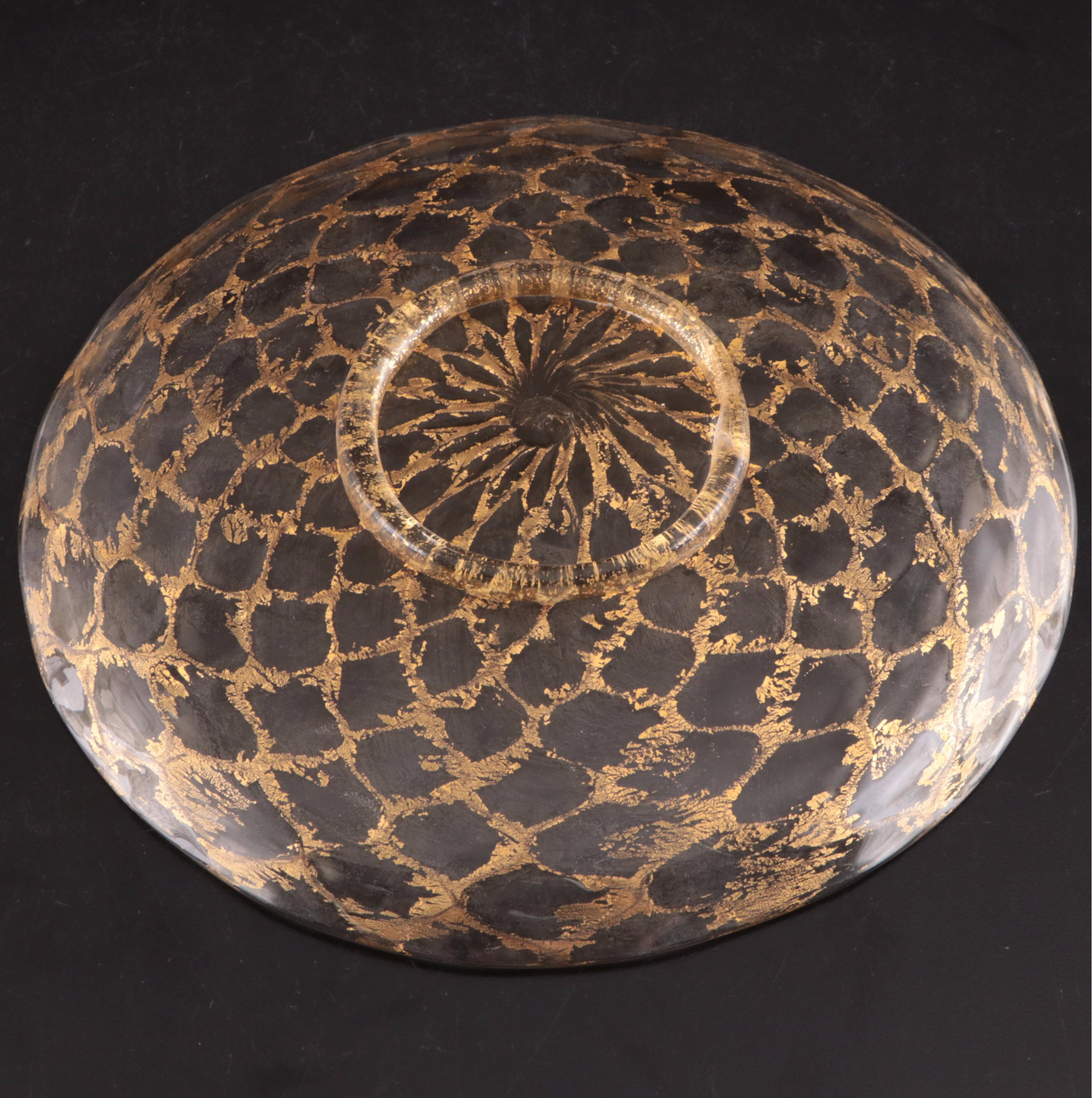 Venetian Murano Glass Swan Martini Glasses and Gold Lattice Plates, Mid-20th C.