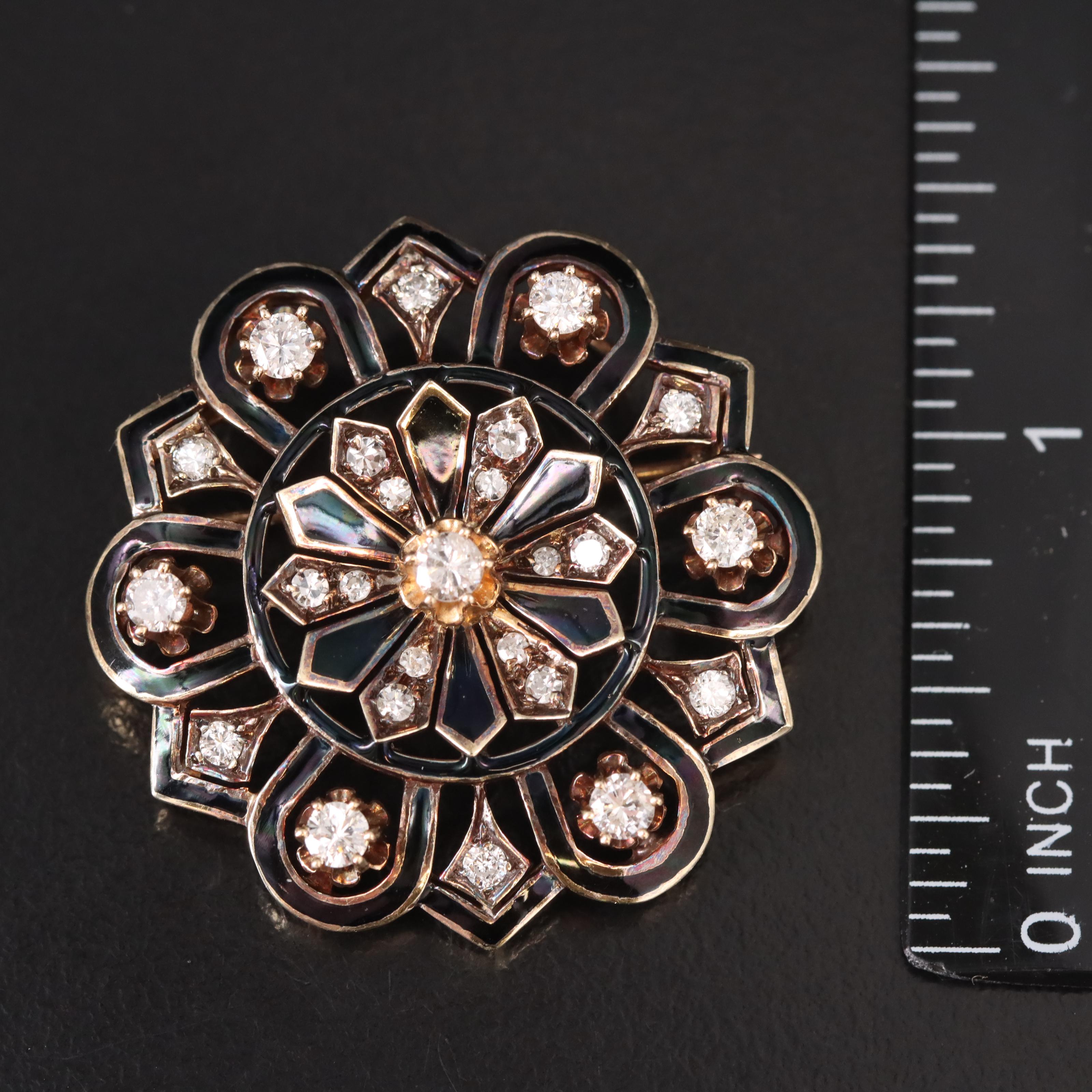 Victorian Revival 14K Diamond and Enamel Mourning Pin