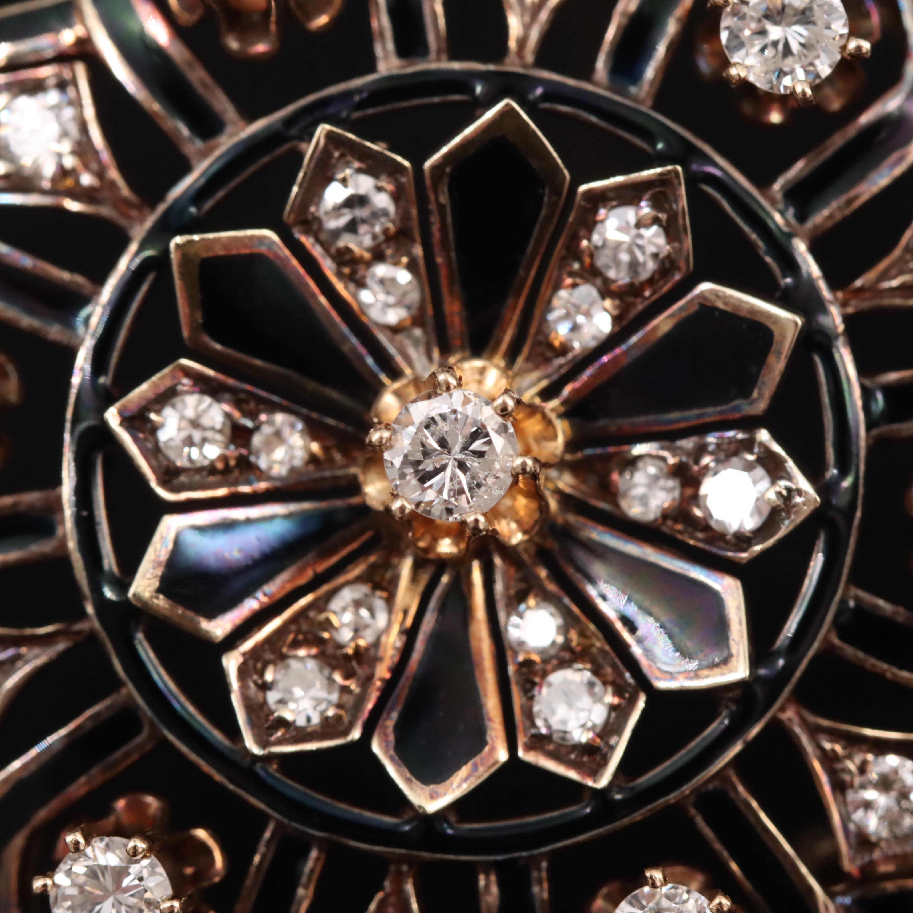 Victorian Revival 14K Diamond and Enamel Mourning Pin