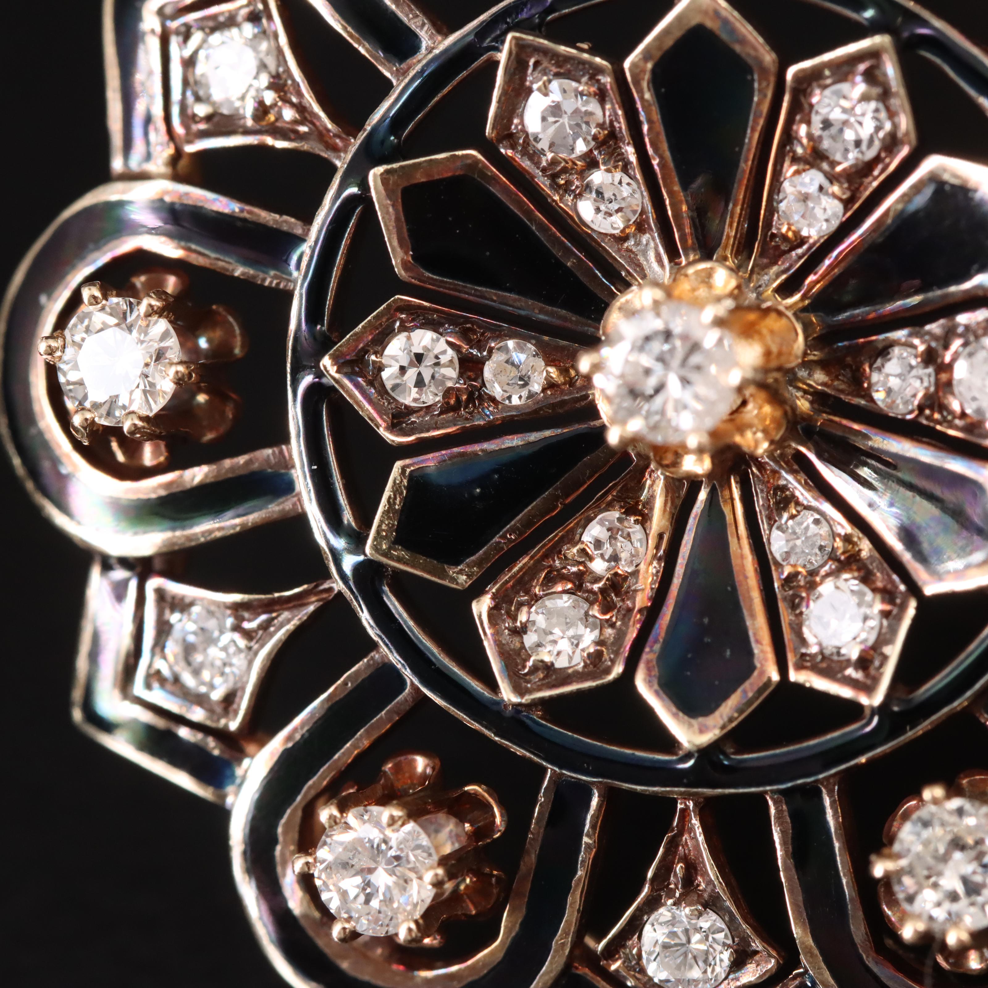 Victorian Revival 14K Diamond and Enamel Mourning Pin