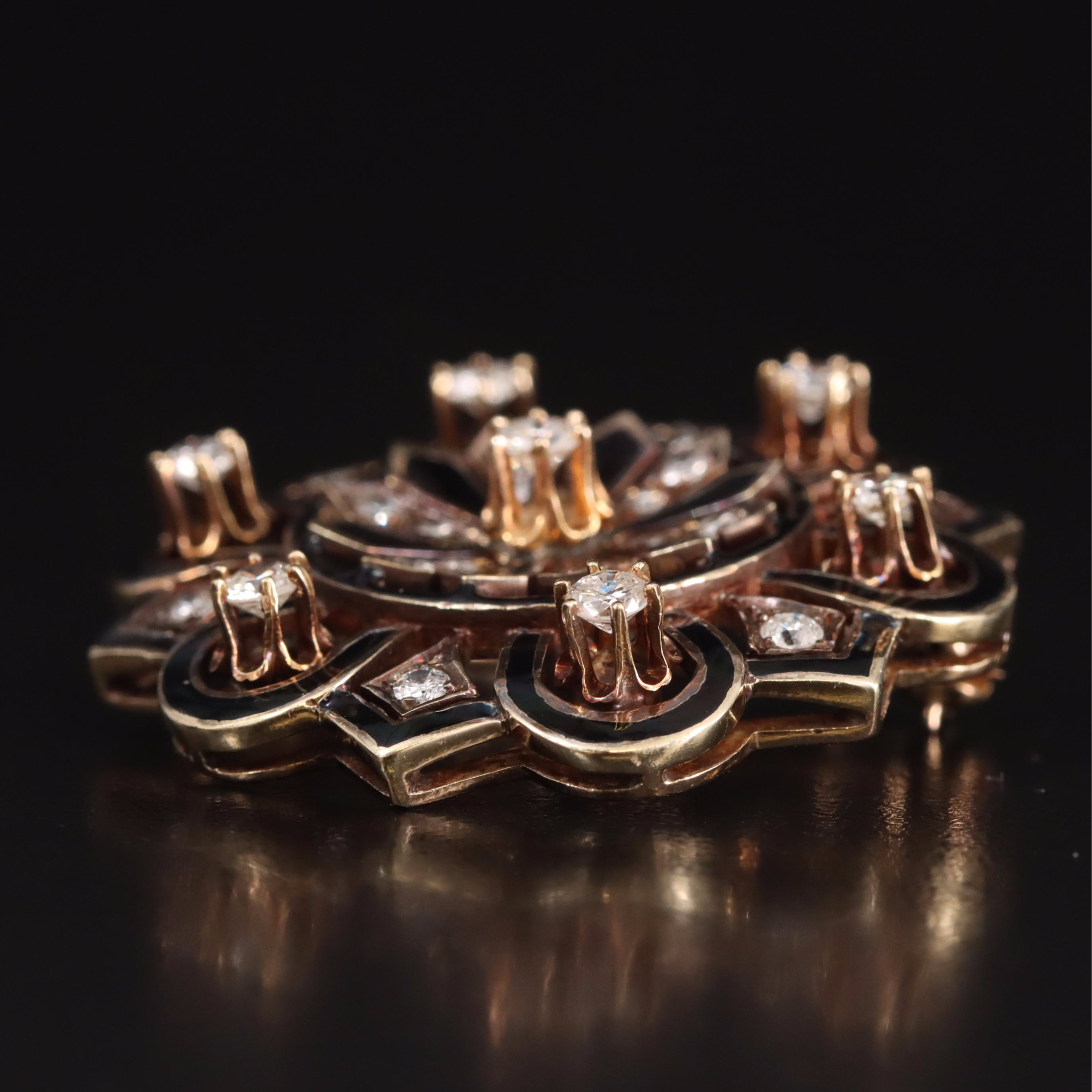 Victorian Revival 14K Diamond and Enamel Mourning Pin