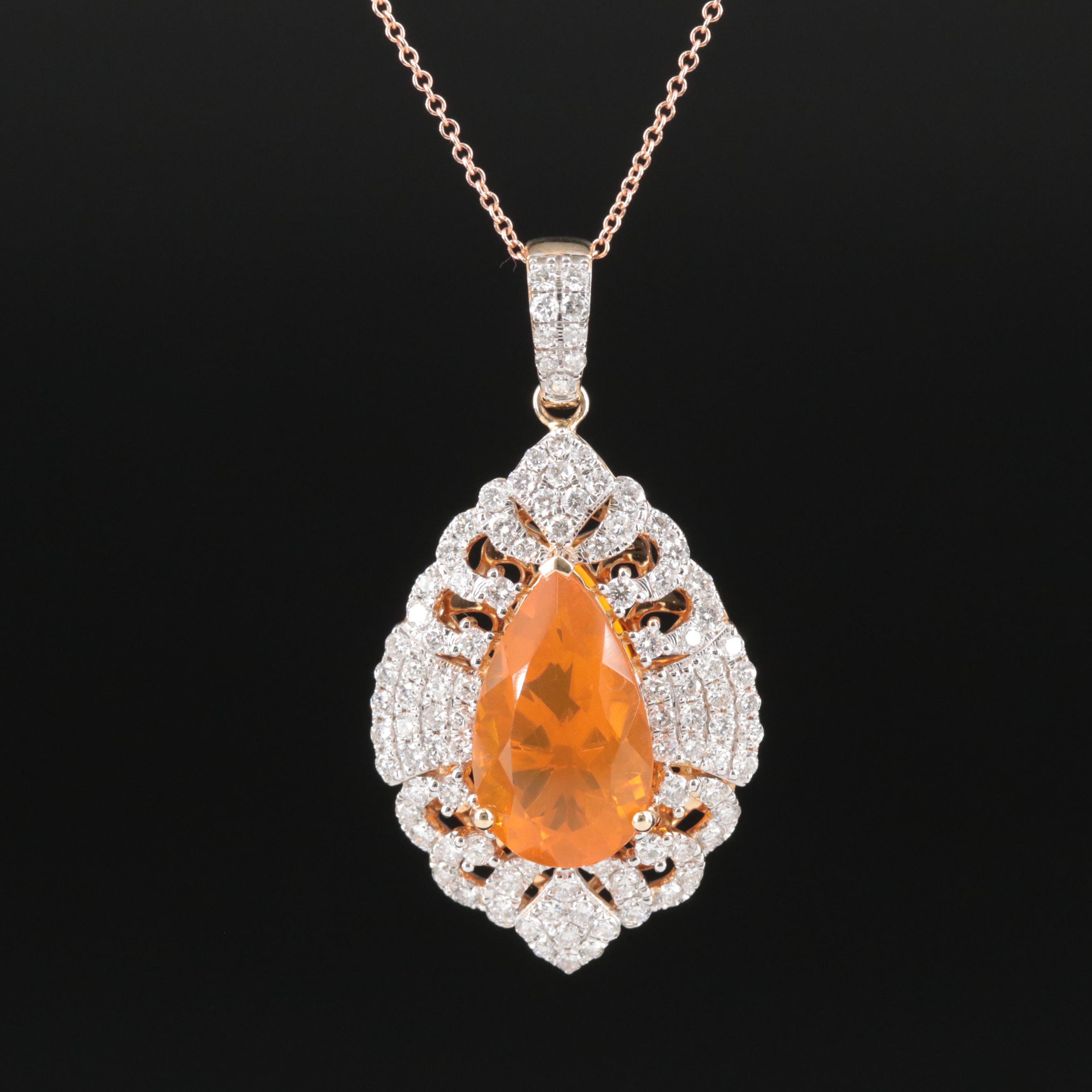 Michael Christoff 14K Fire Opal and 1.50 CTW Diamond Pendant Necklace