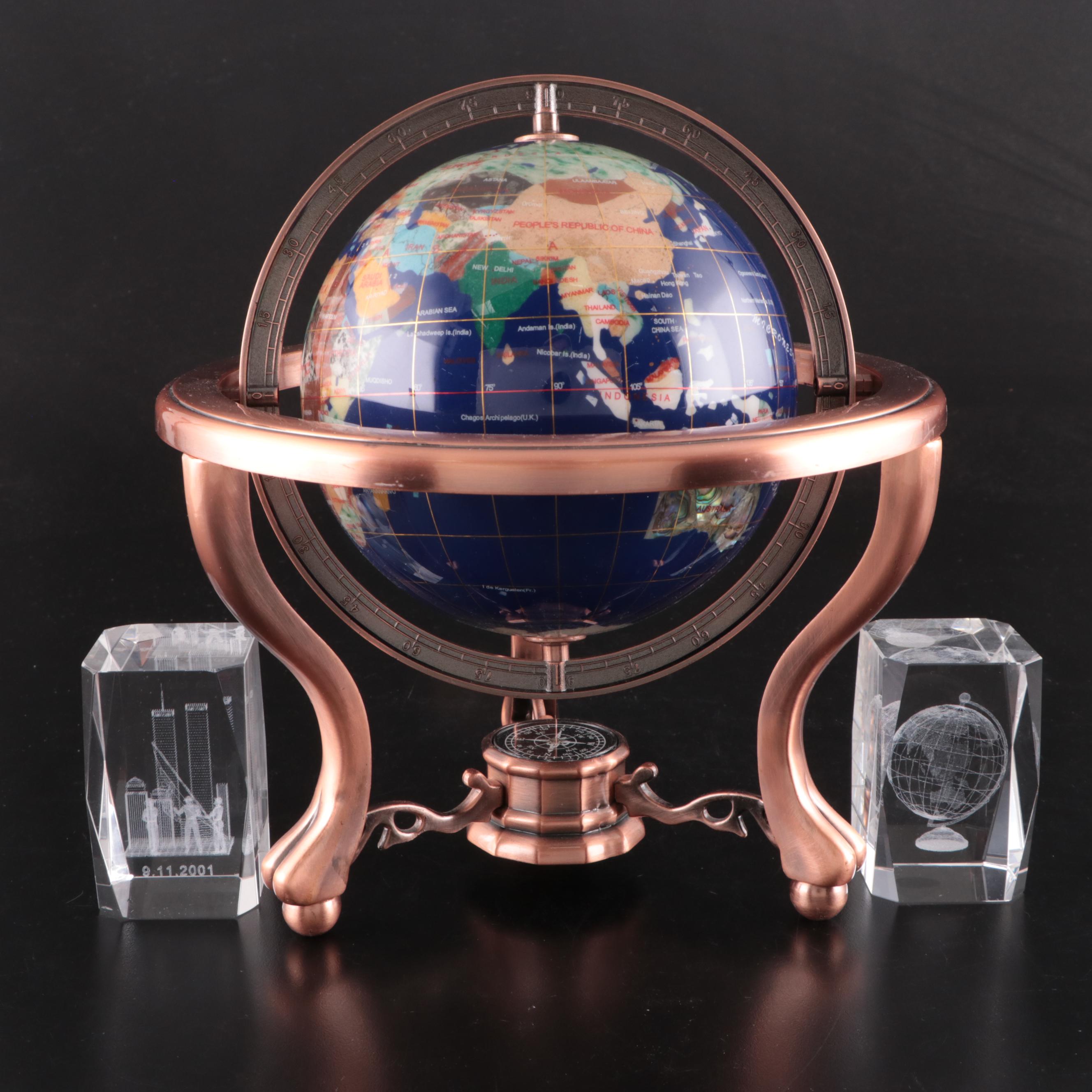 Sandstone, Marble, Stone Desk Globe with Controlled Bubble Glass Paperweights