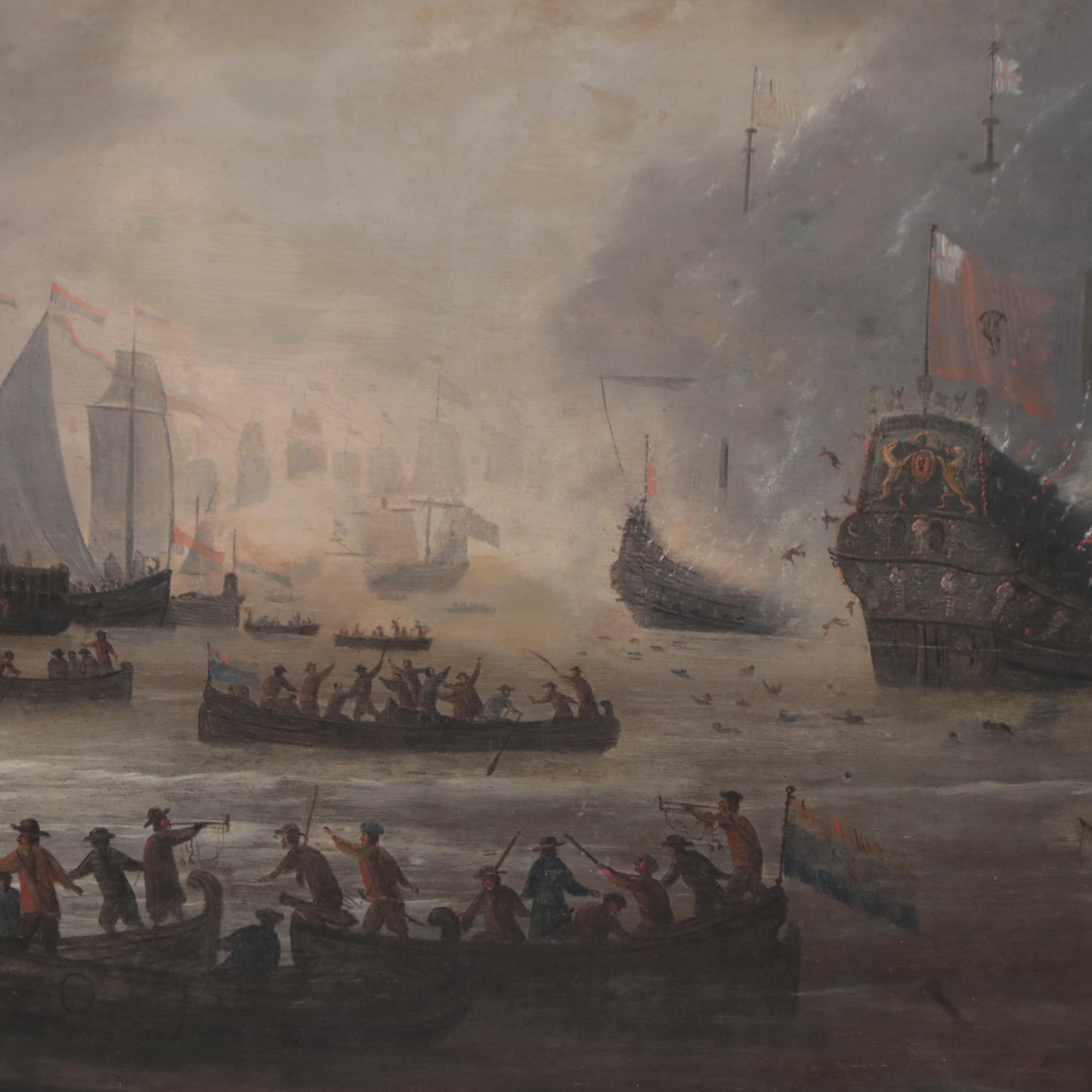 Oil Painting of Naval Battle Scene, 18th or 19th Century