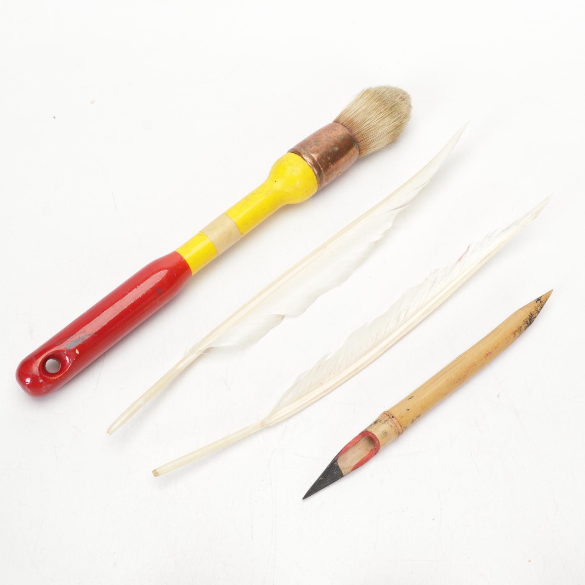 Chinese Fruit-Shaped Water Droppers, Batik Stamp, Brushes and Nature Pottery