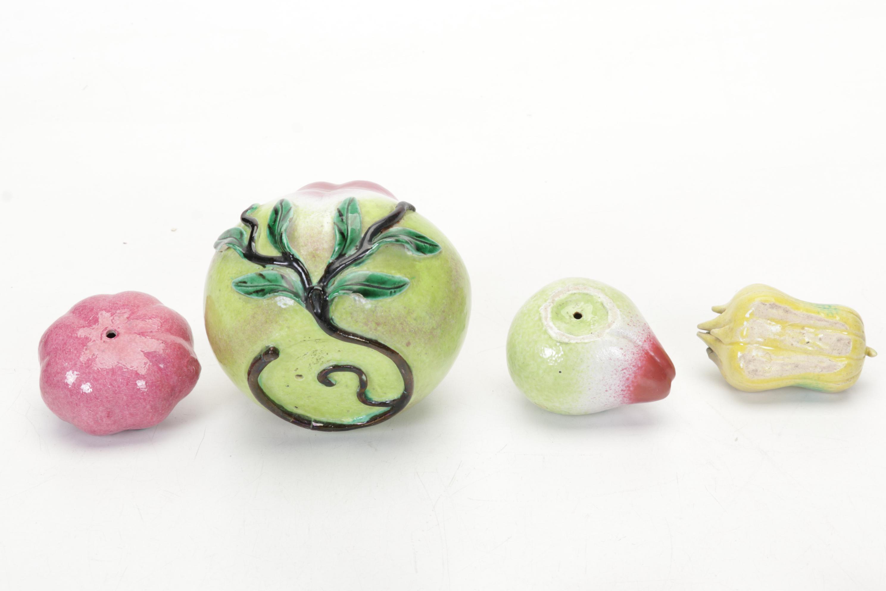 Chinese Fruit-Shaped Water Droppers, Batik Stamp, Brushes and Nature Pottery