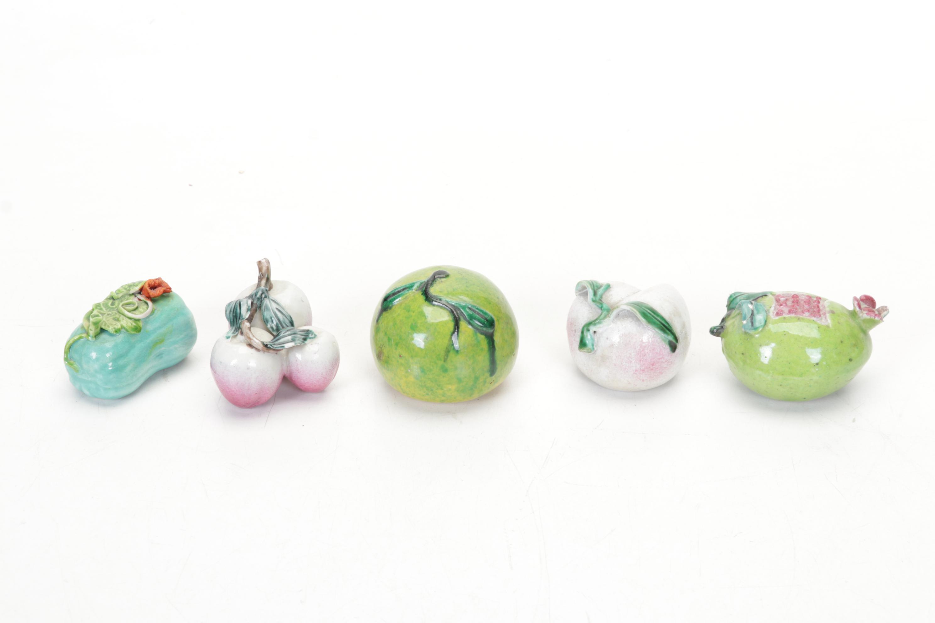 Chinese Fruit-Shaped Water Droppers, Batik Stamp, Brushes and Nature Pottery