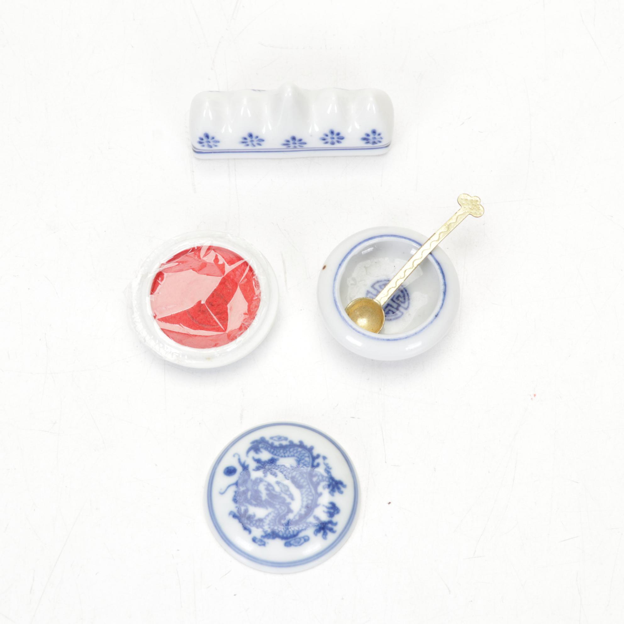 Chinese Fruit-Shaped Water Droppers, Batik Stamp, Brushes and Nature Pottery
