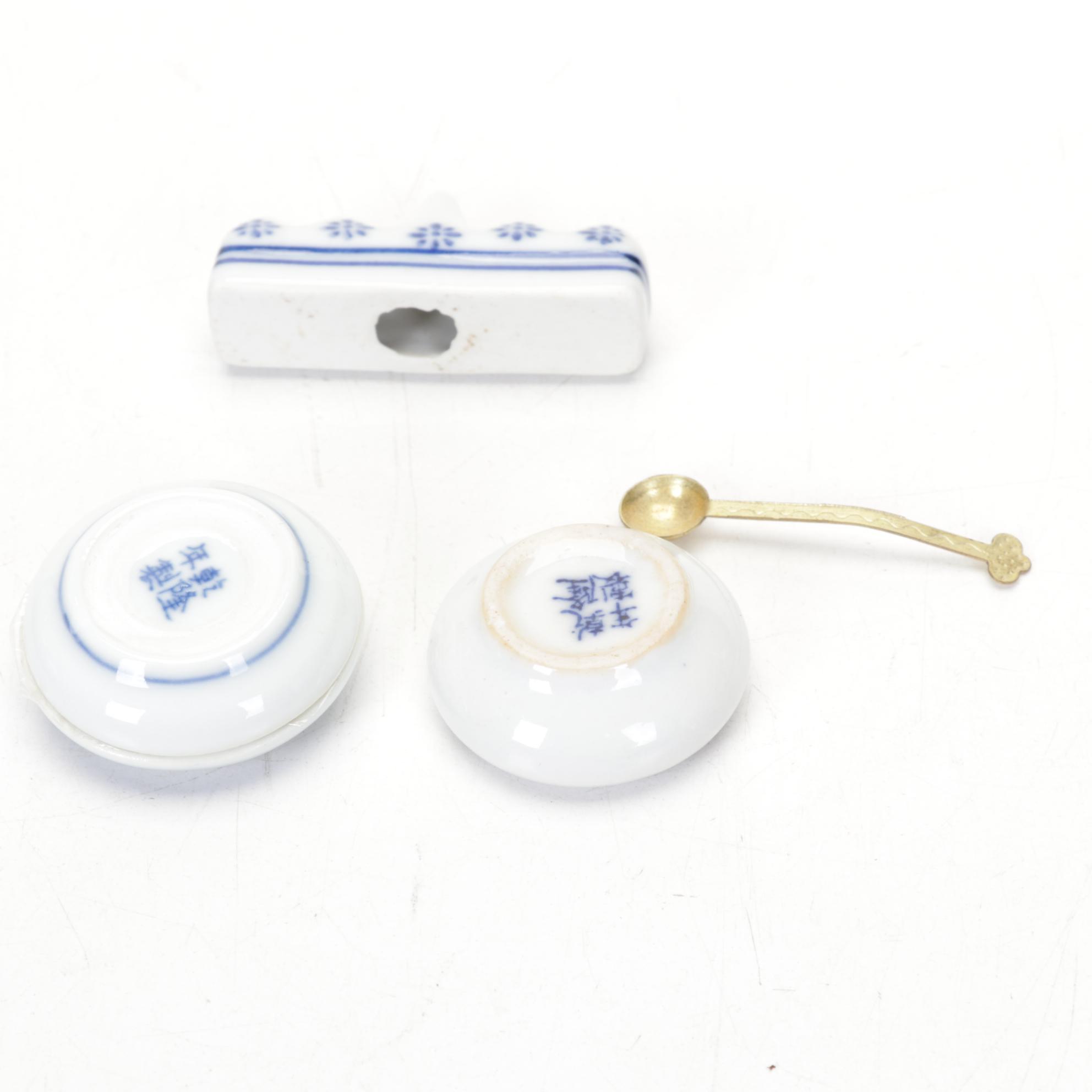 Chinese Fruit-Shaped Water Droppers, Batik Stamp, Brushes and Nature Pottery