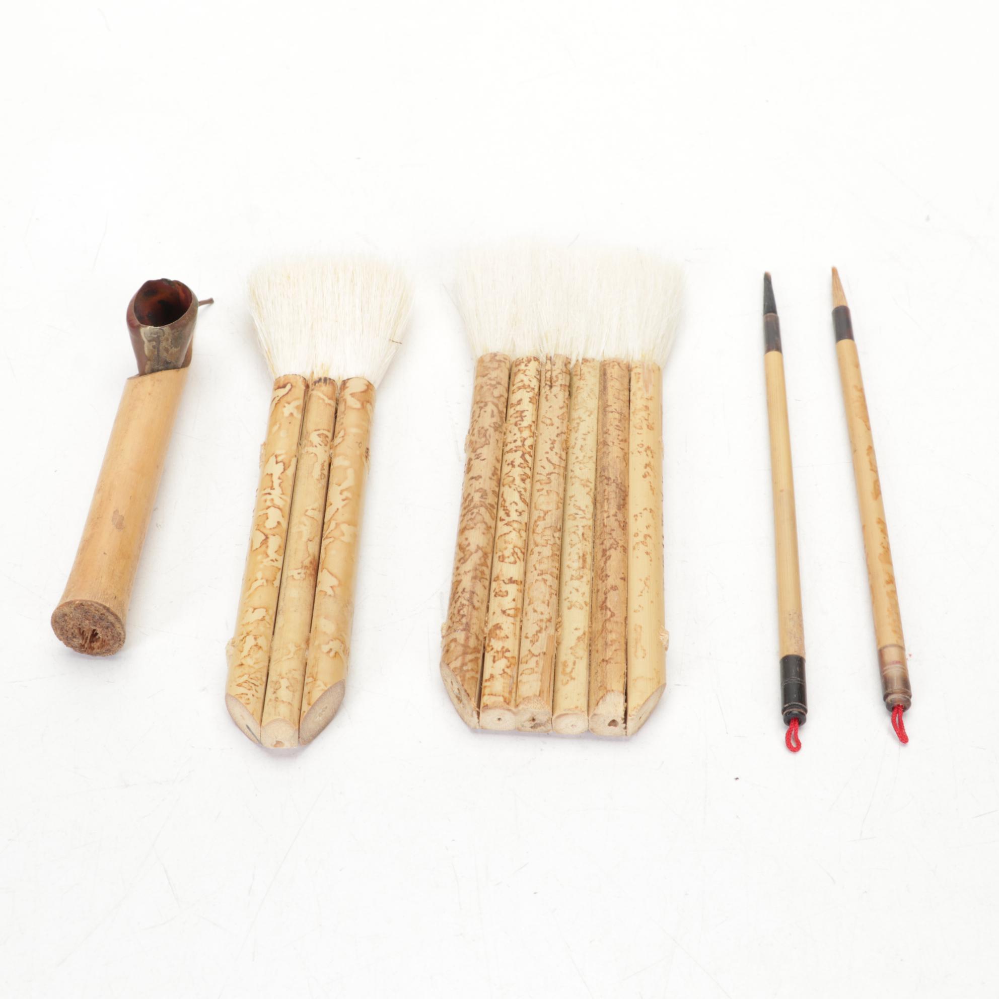 Chinese Fruit-Shaped Water Droppers, Batik Stamp, Brushes and Nature Pottery