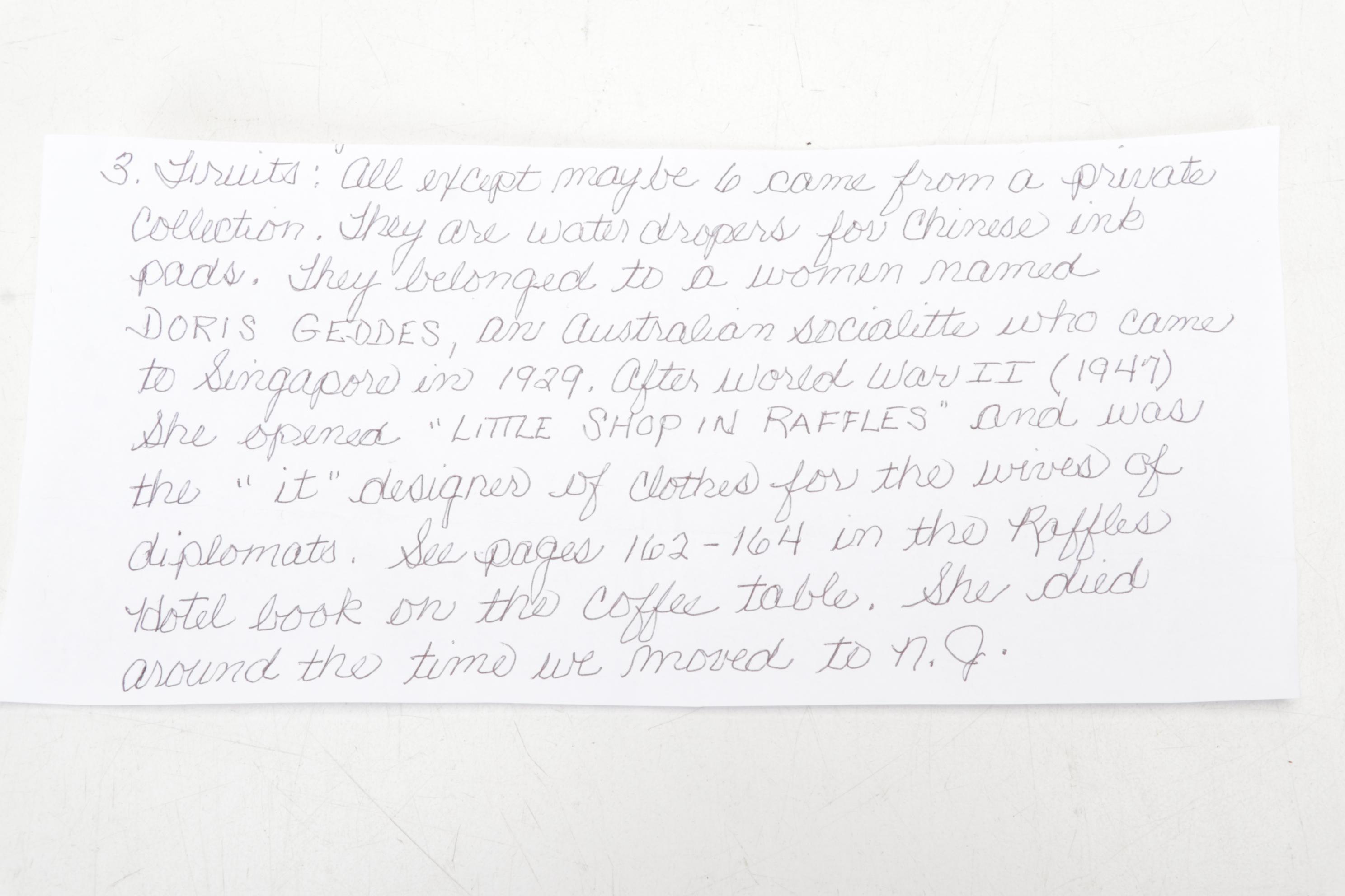 Chinese Fruit-Shaped Water Droppers, Batik Stamp, Brushes and Nature Pottery