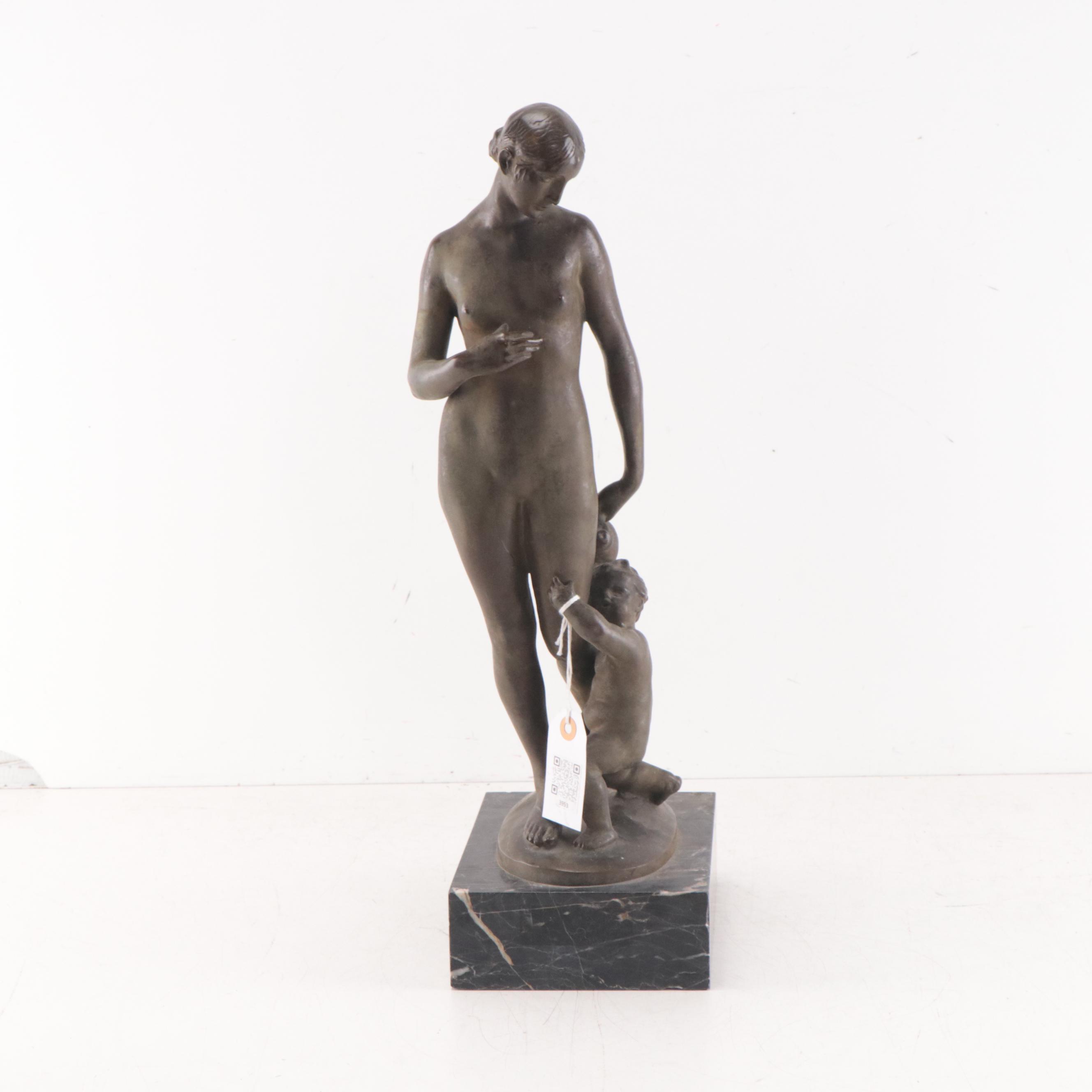 György Nemes Bronze Sculpture of Woman and Child With Water Pitcher