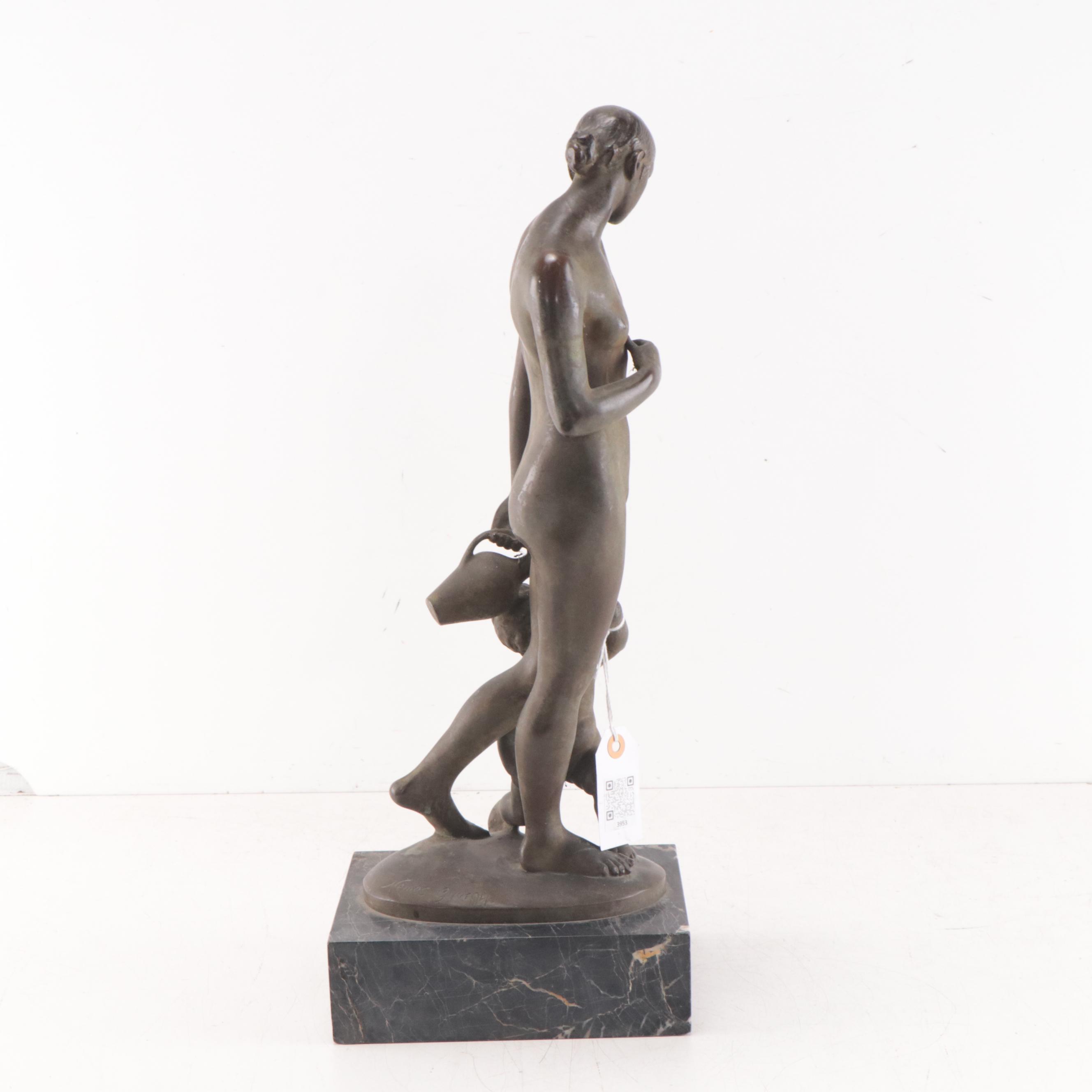 György Nemes Bronze Sculpture of Woman and Child With Water Pitcher