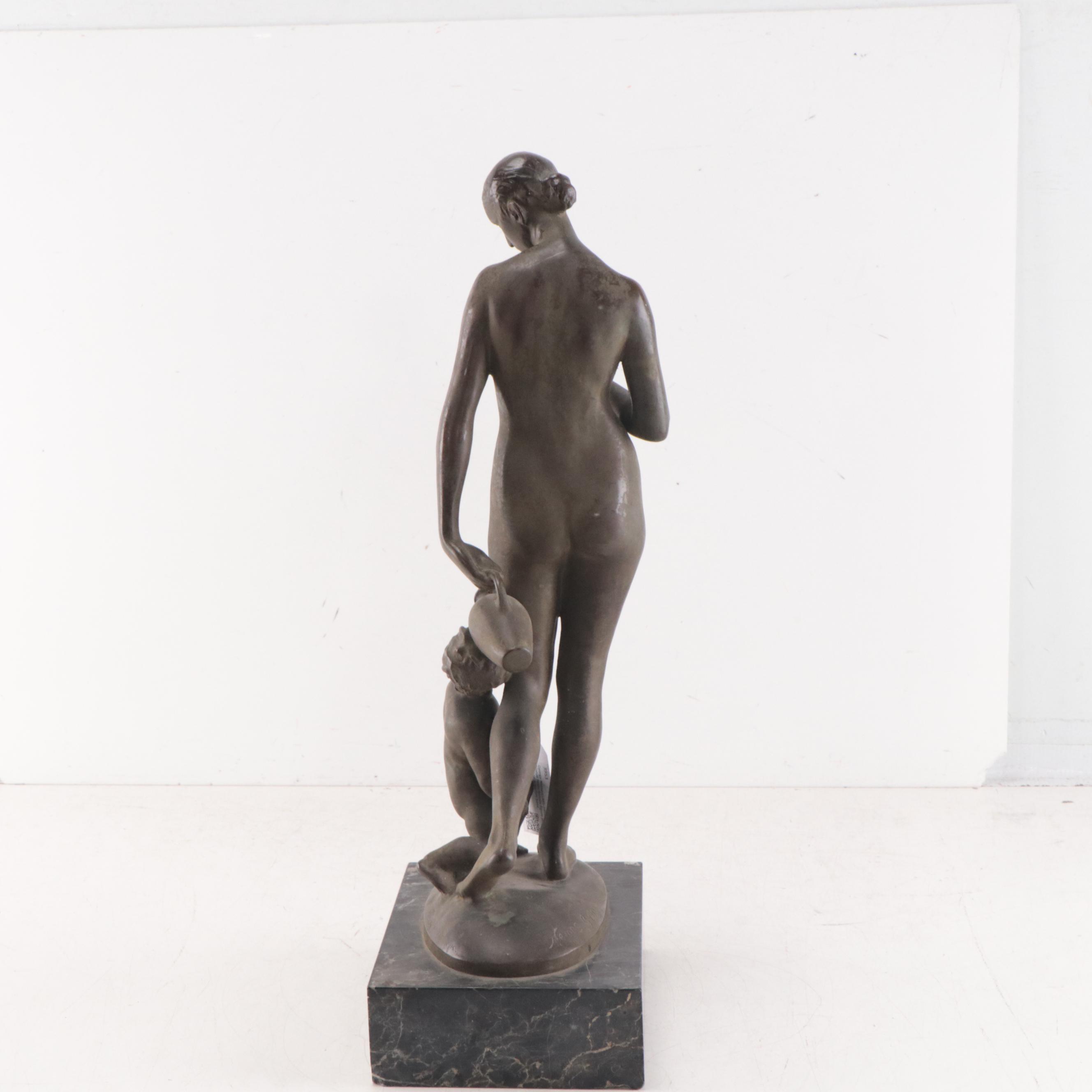 György Nemes Bronze Sculpture of Woman and Child With Water Pitcher