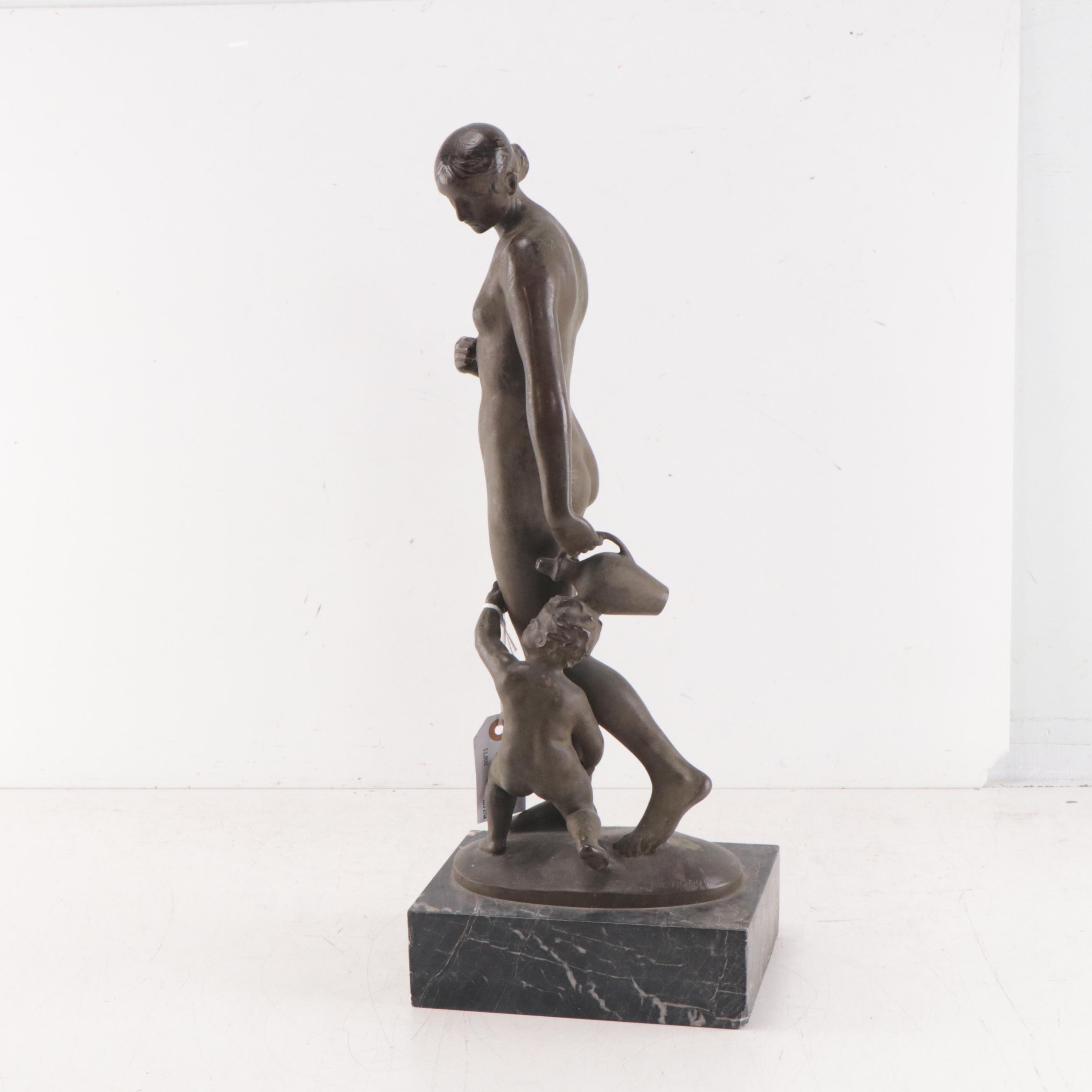 György Nemes Bronze Sculpture of Woman and Child With Water Pitcher