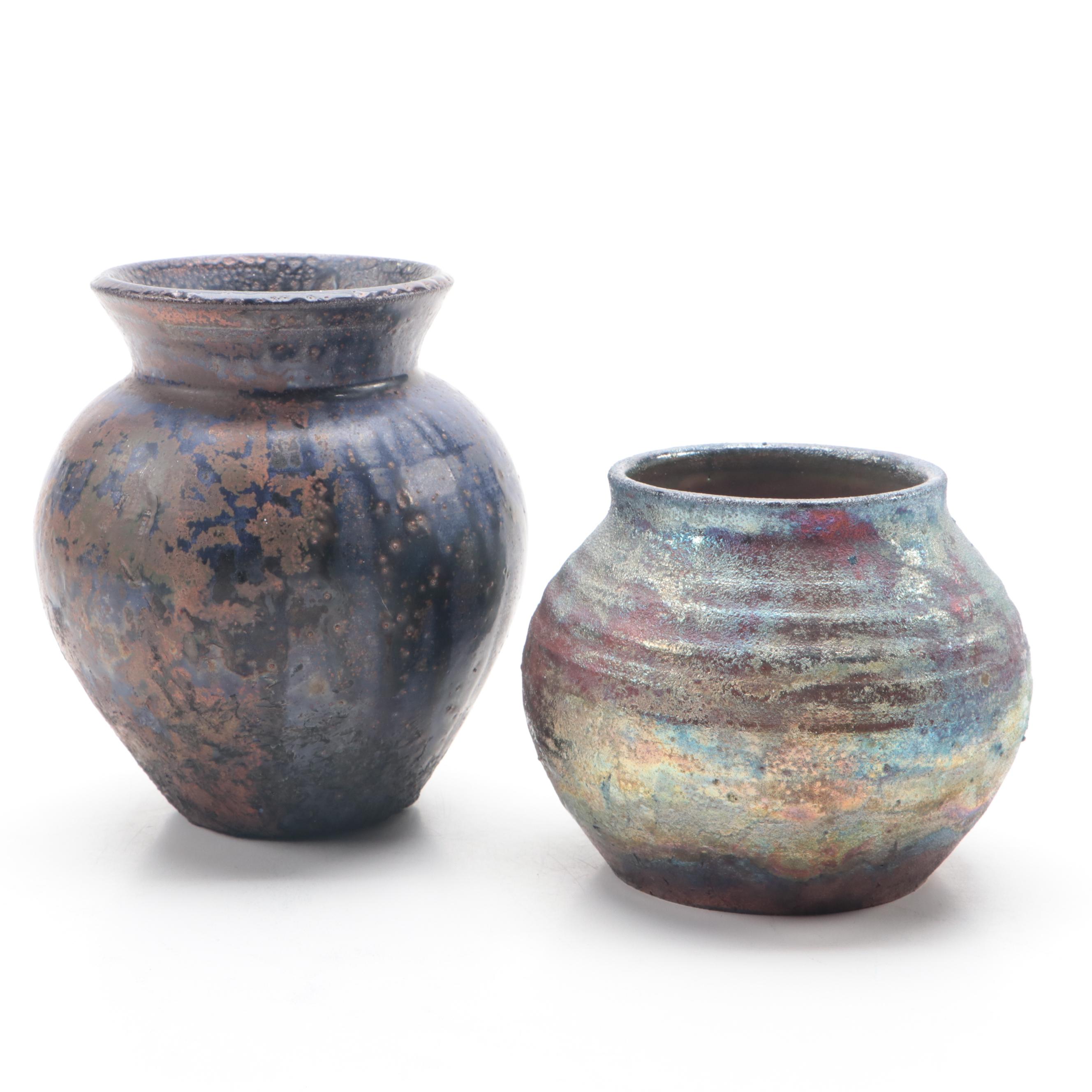 Contemporary Raku and Drip-Glazed Studio Pottery Vases