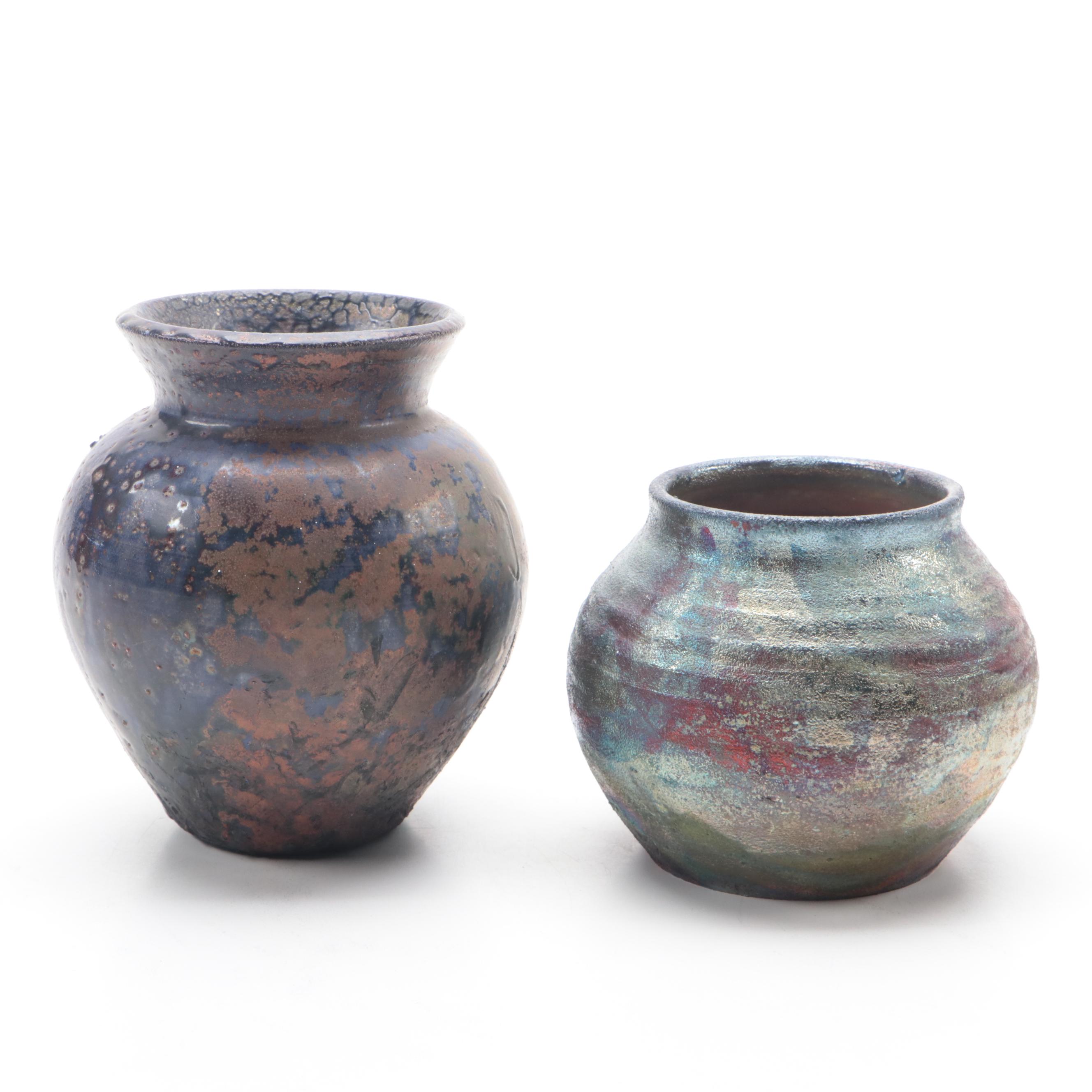 Contemporary Raku and Drip-Glazed Studio Pottery Vases