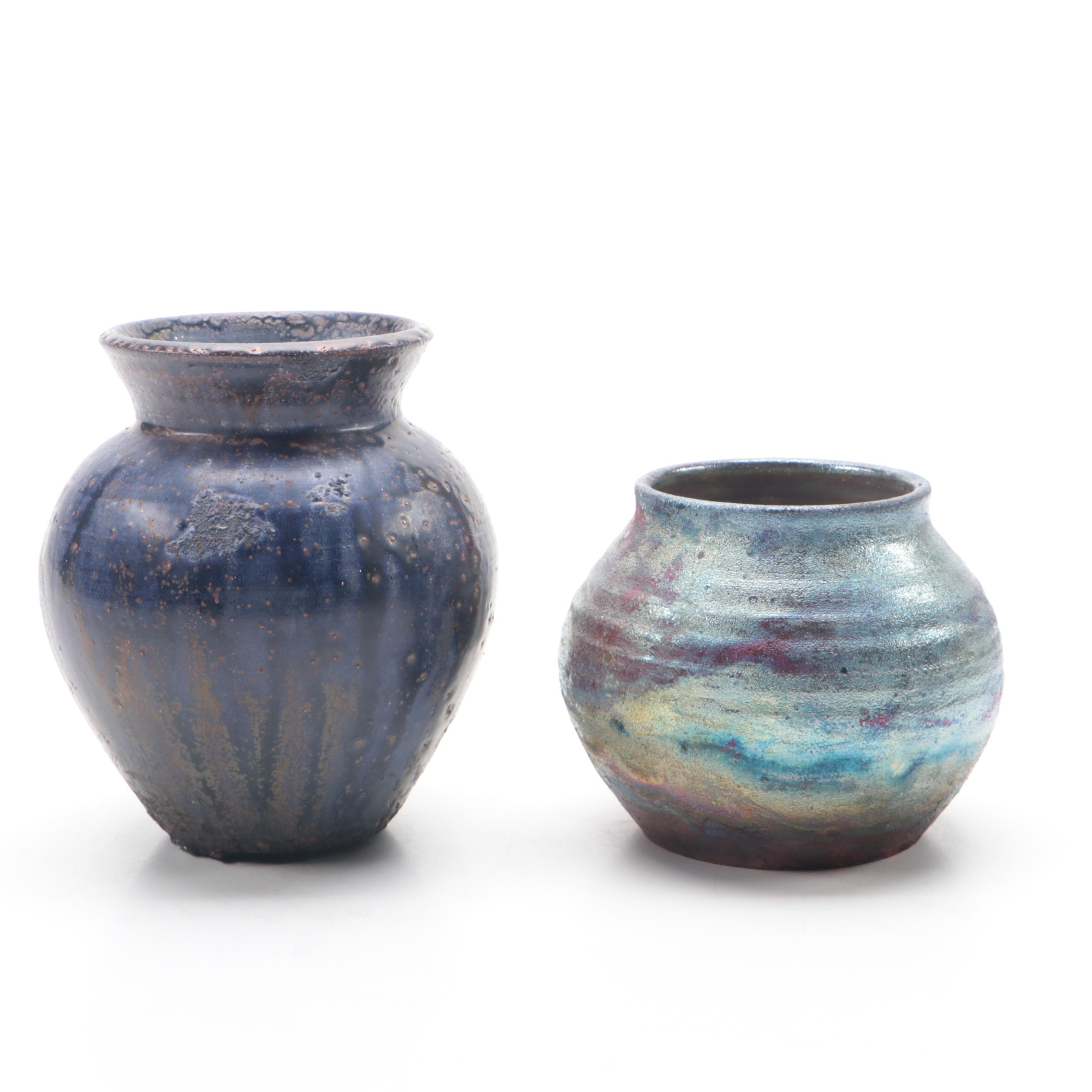 Contemporary Raku and Drip-Glazed Studio Pottery Vases