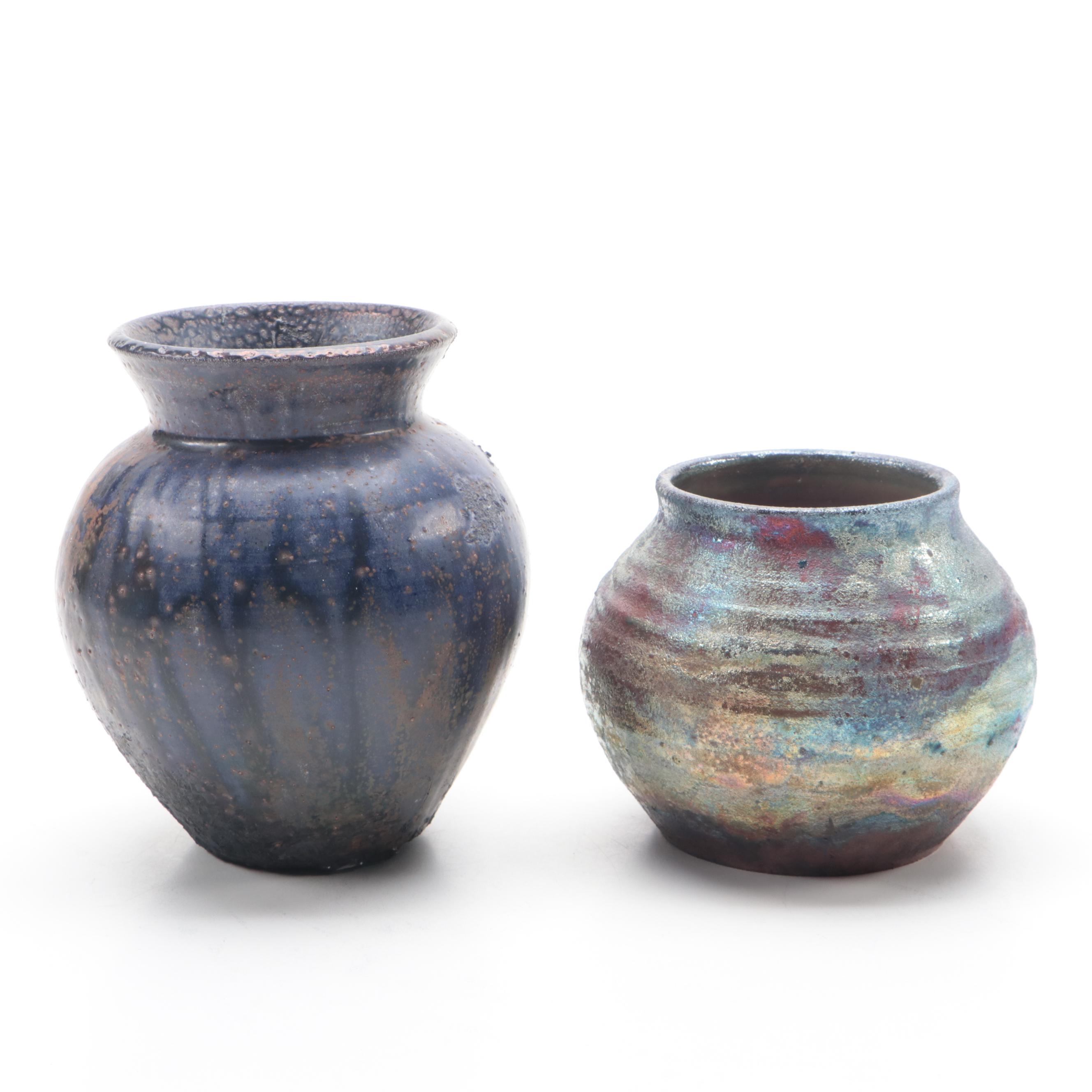 Contemporary Raku and Drip-Glazed Studio Pottery Vases