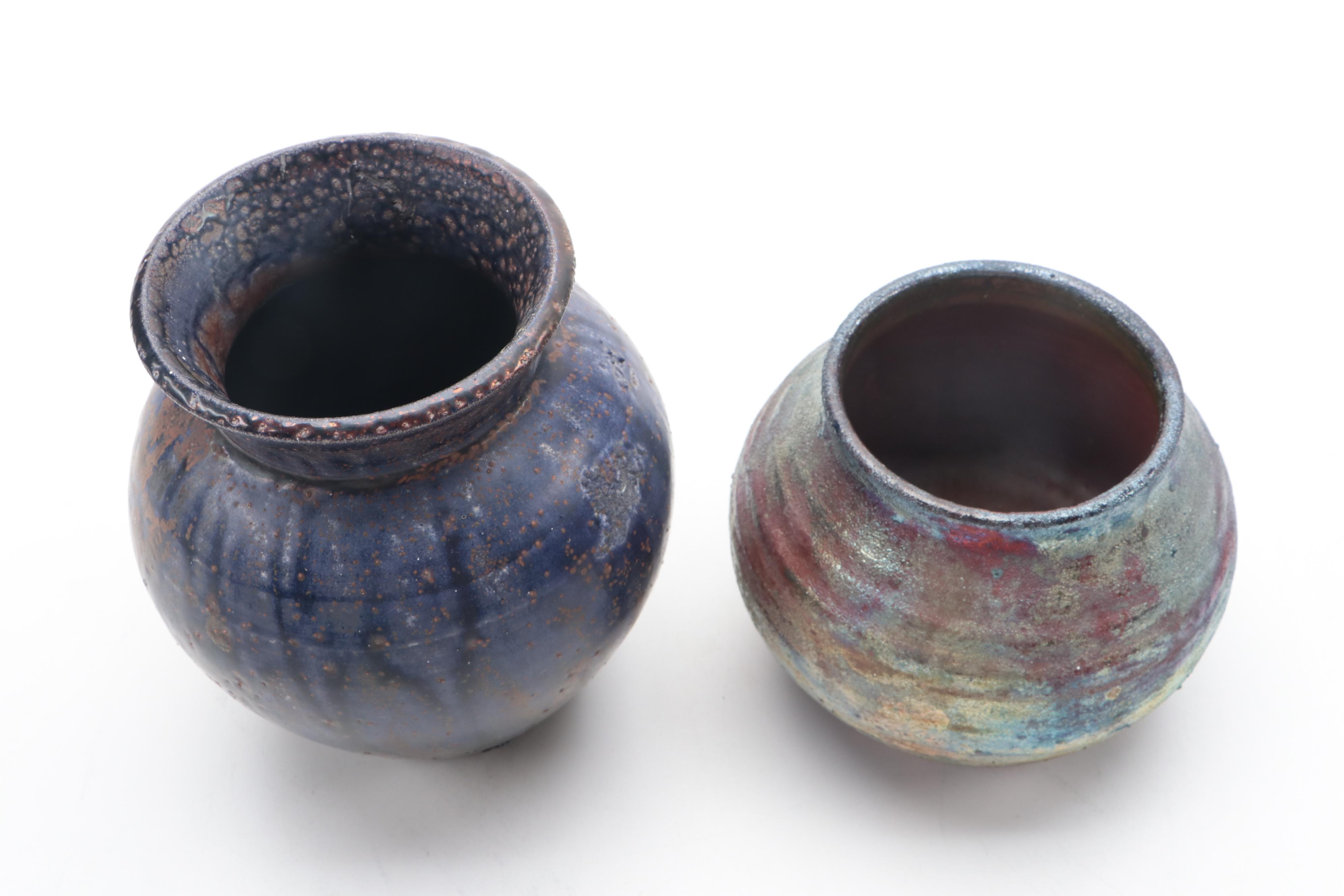 Contemporary Raku and Drip-Glazed Studio Pottery Vases