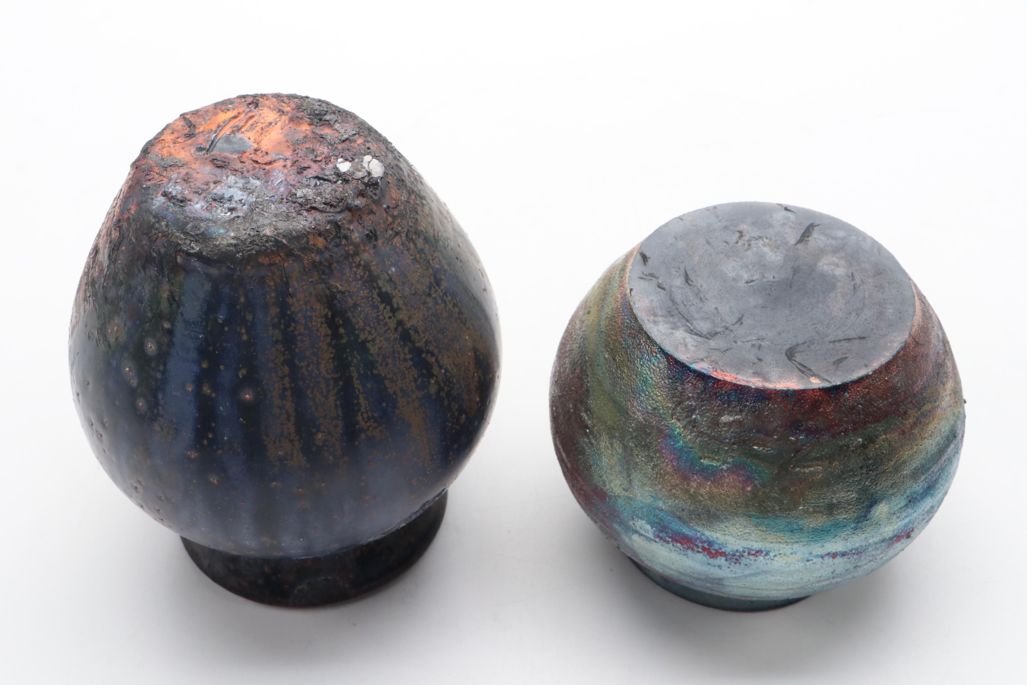 Contemporary Raku and Drip-Glazed Studio Pottery Vases