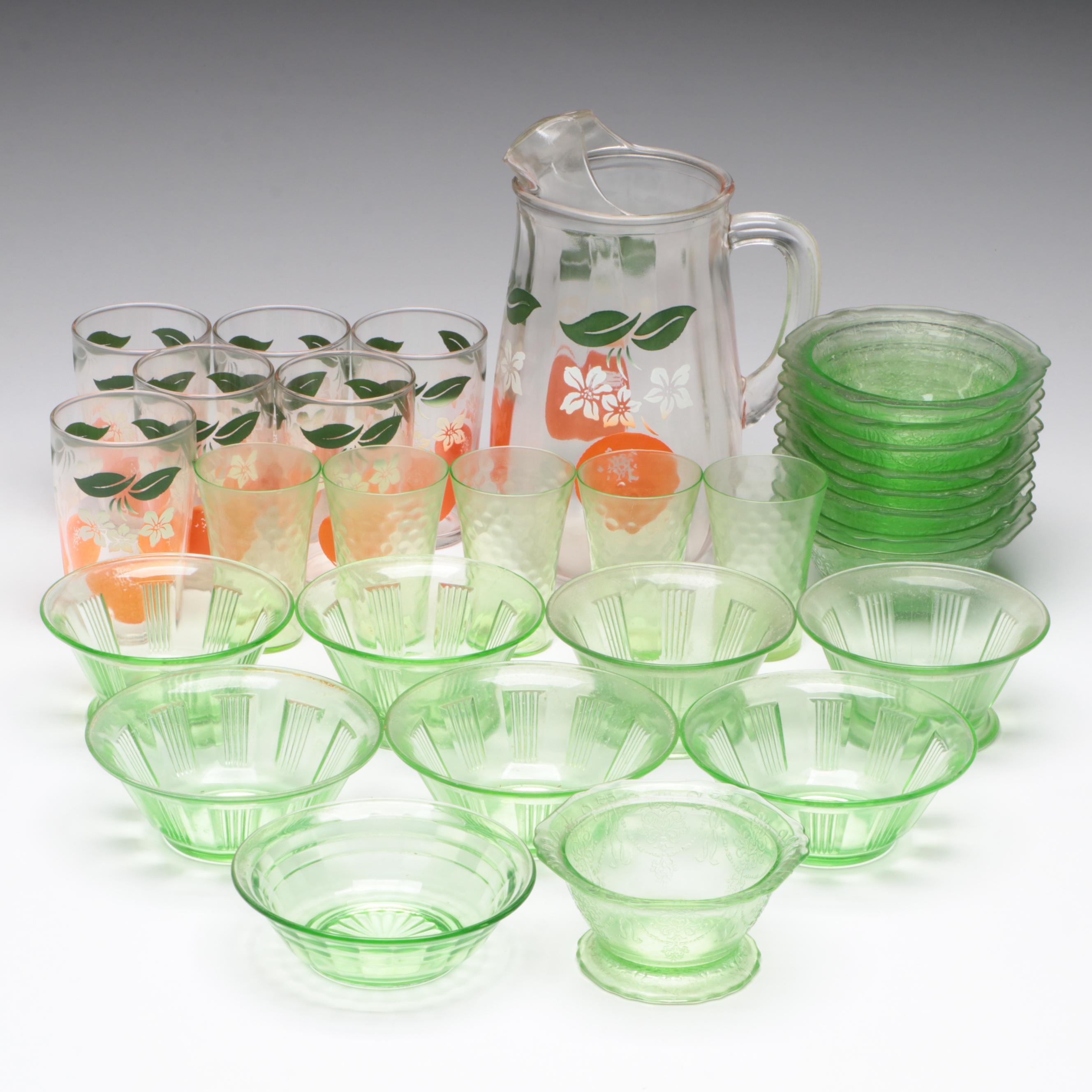 Glass Orange Juice Pitcher and Glasses with Green Depression Glass Tableware