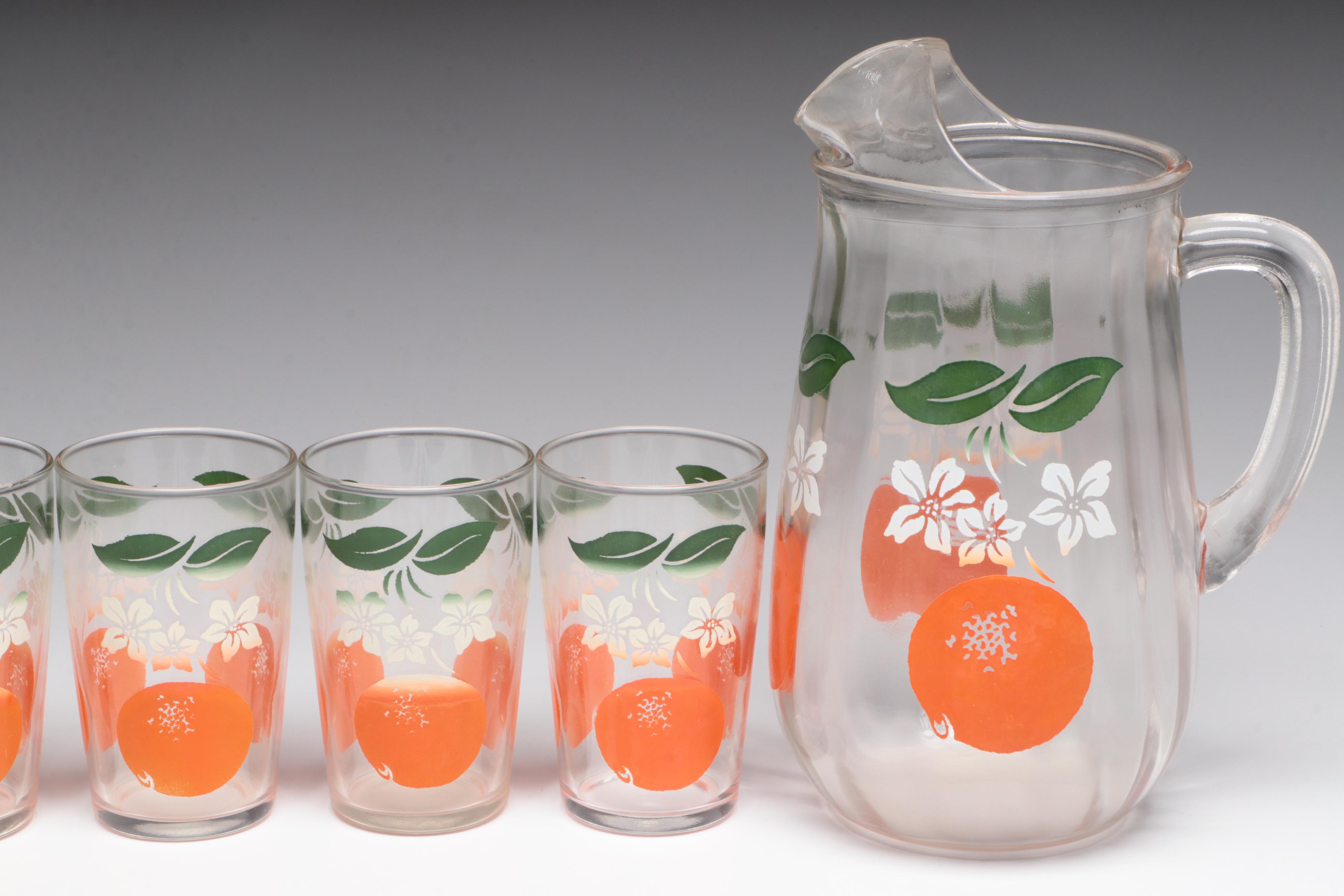 Glass Orange Juice Pitcher and Glasses with Green Depression Glass Tableware