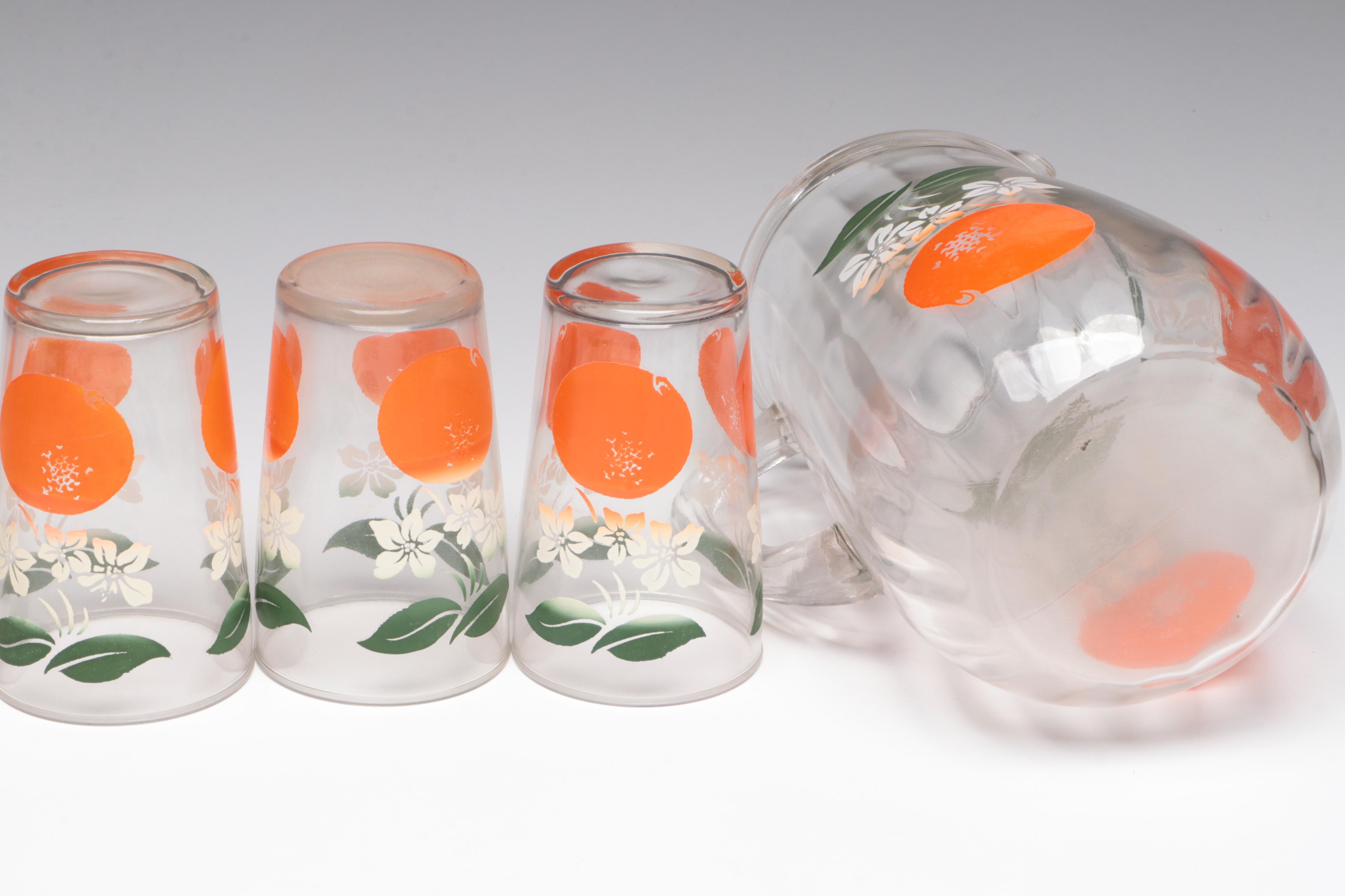 Glass Orange Juice Pitcher and Glasses with Green Depression Glass Tableware