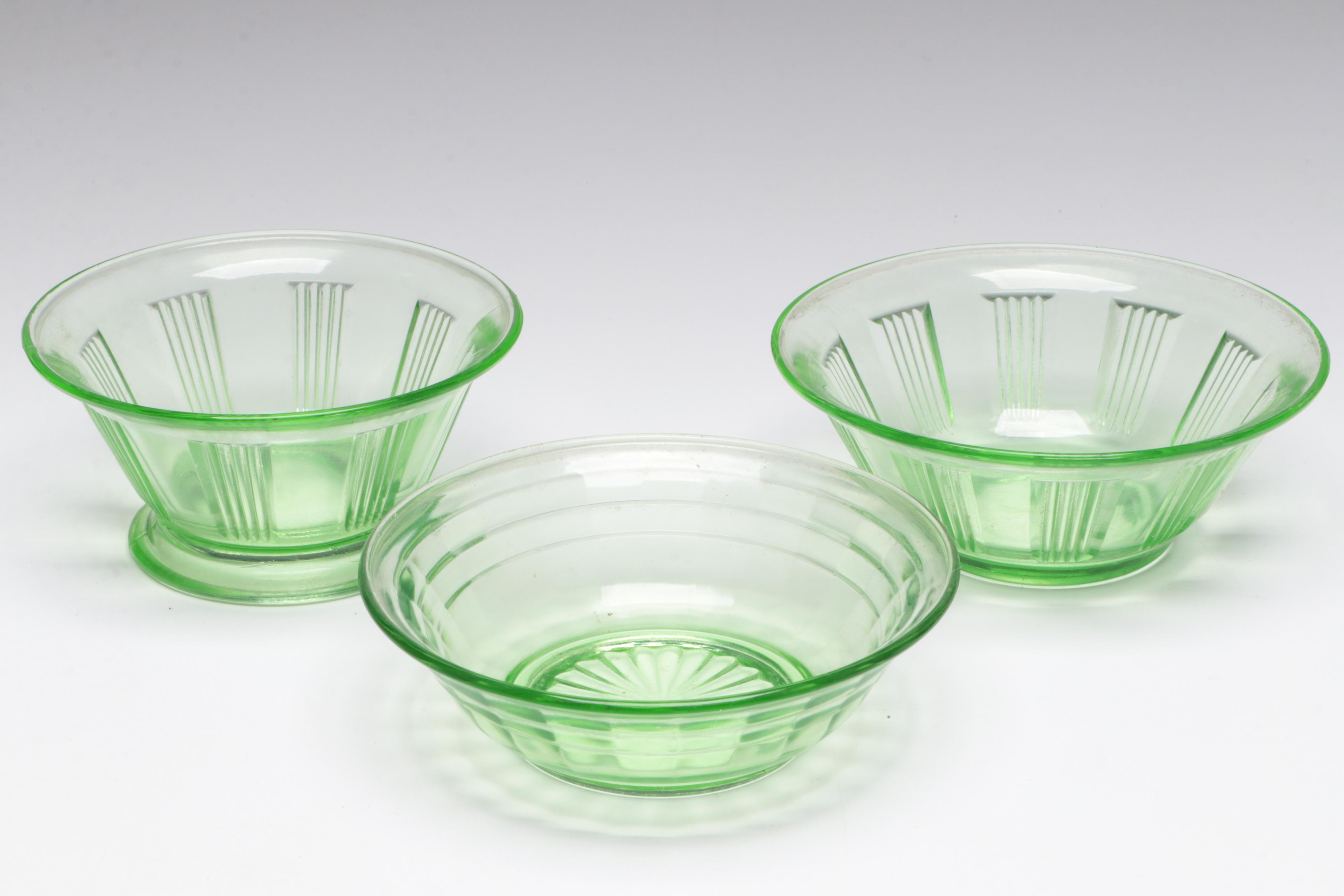 Glass Orange Juice Pitcher and Glasses with Green Depression Glass Tableware