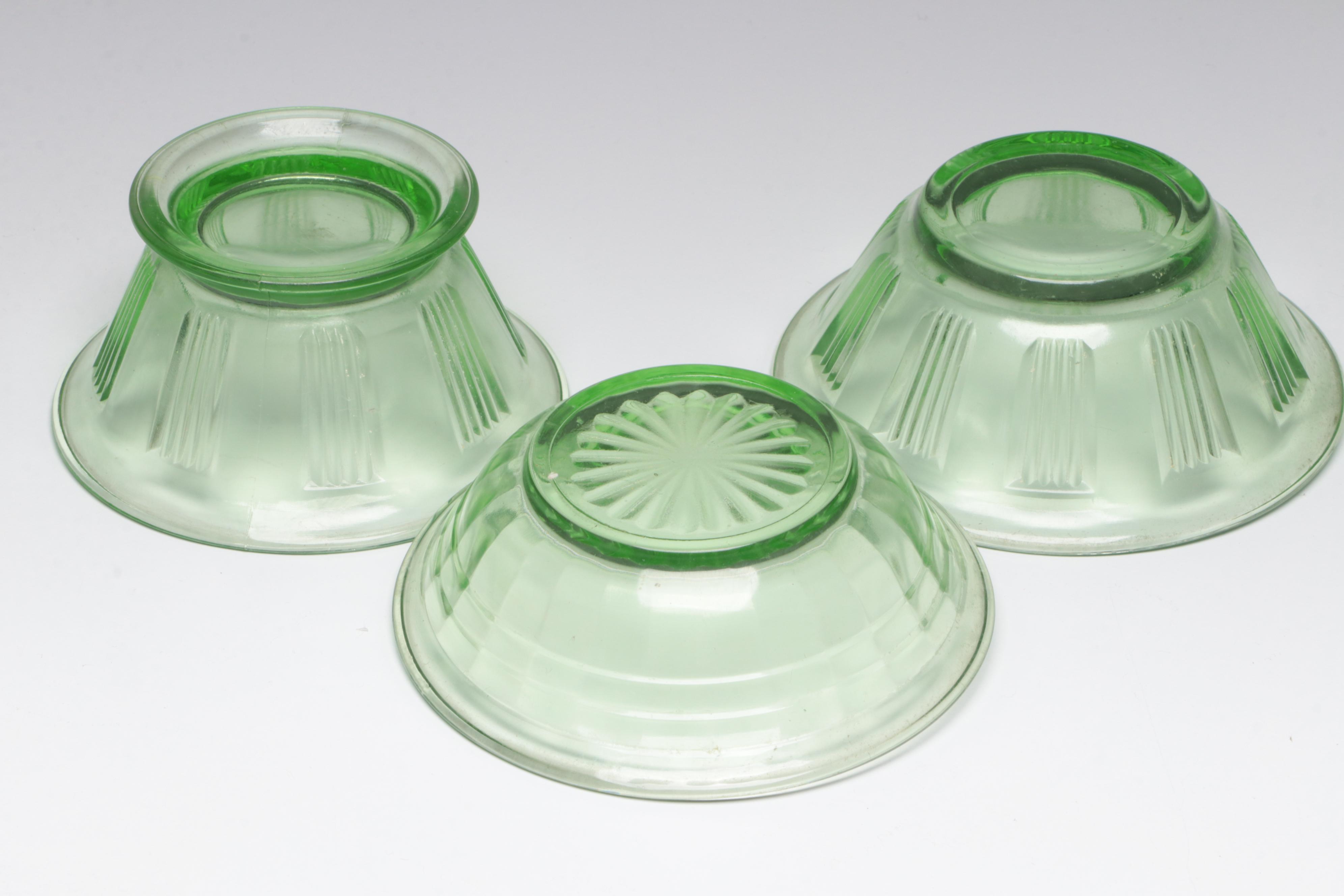 Glass Orange Juice Pitcher and Glasses with Green Depression Glass Tableware