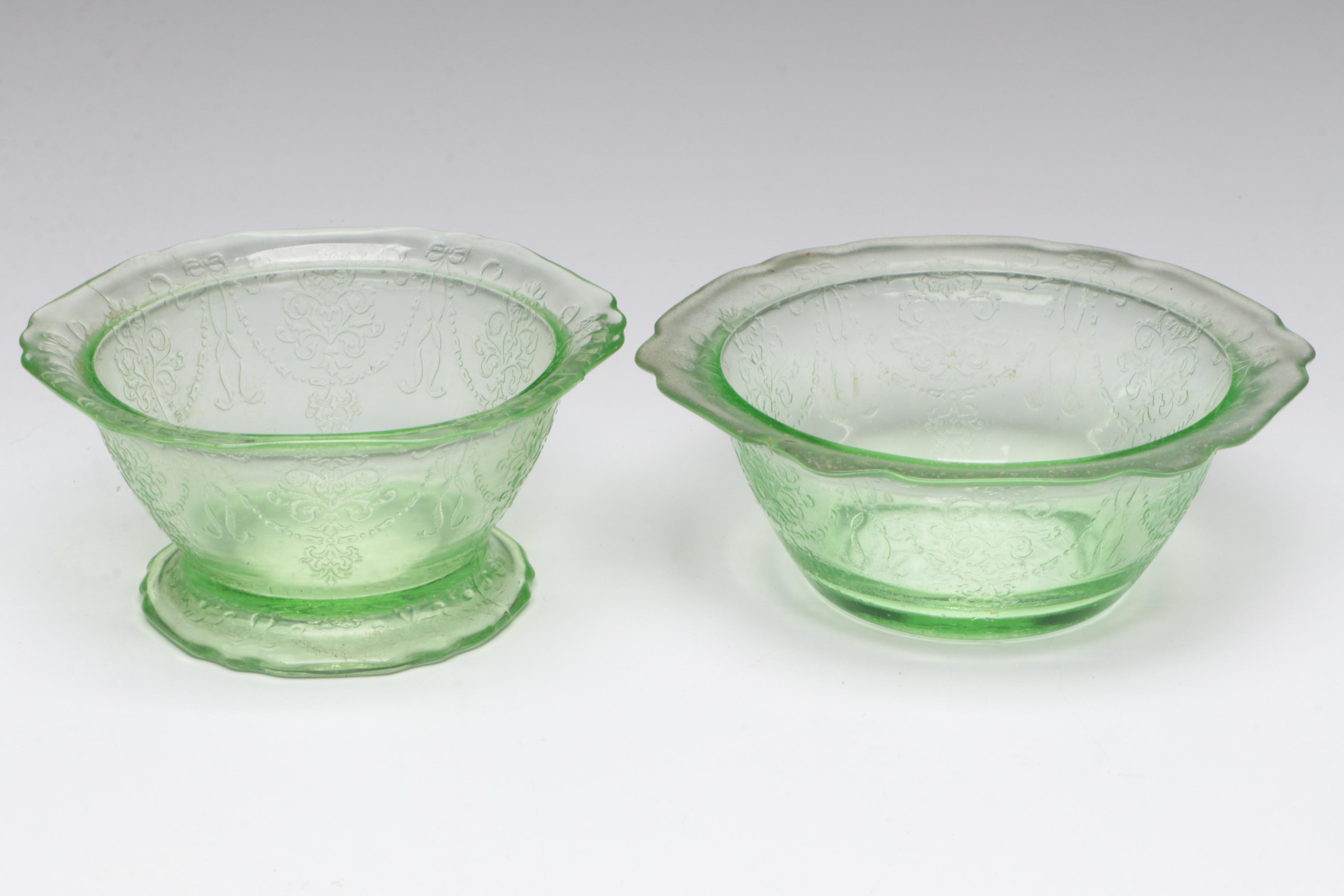 Glass Orange Juice Pitcher and Glasses with Green Depression Glass Tableware