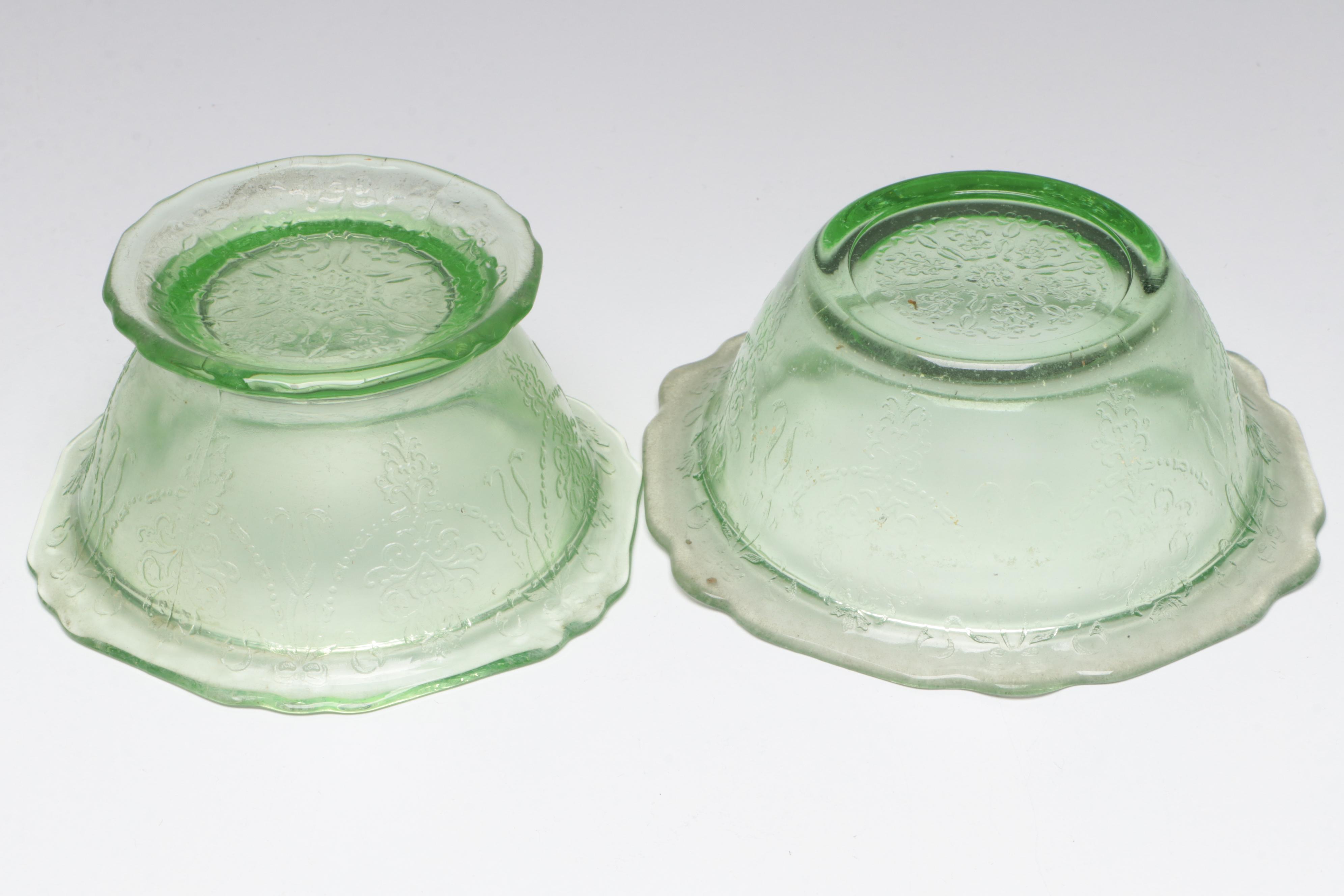 Glass Orange Juice Pitcher and Glasses with Green Depression Glass Tableware