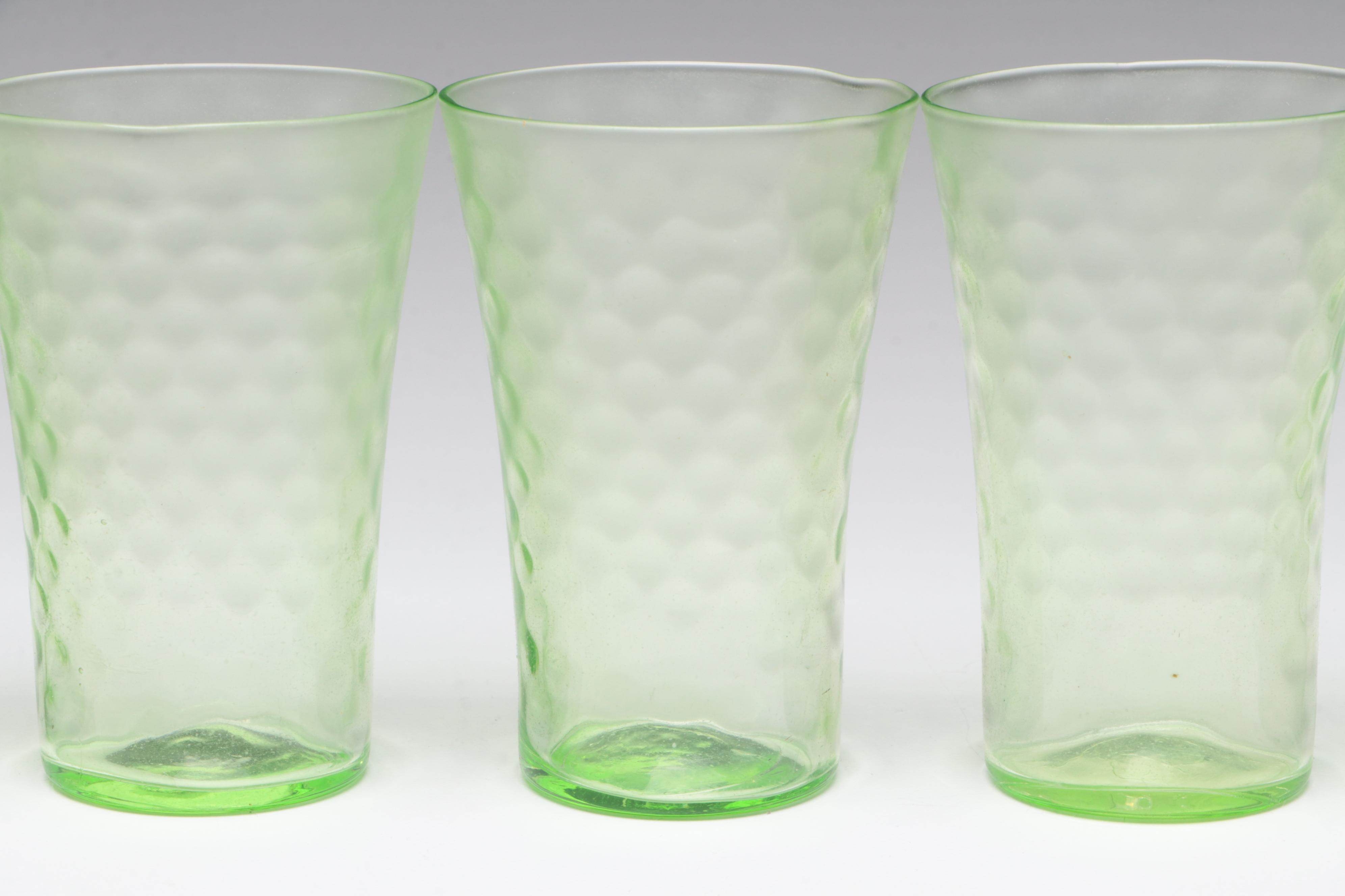 Glass Orange Juice Pitcher and Glasses with Green Depression Glass Tableware