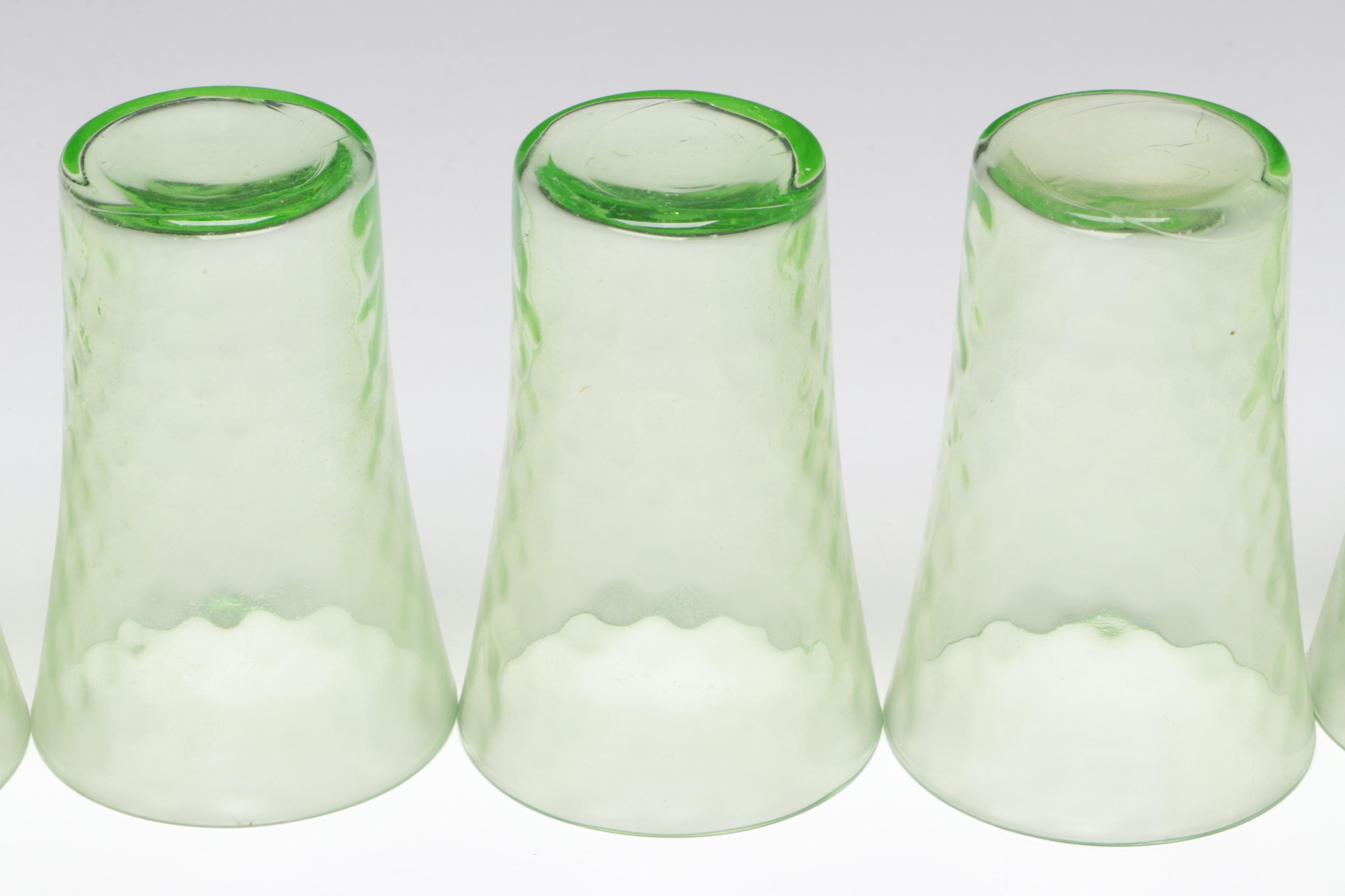 Glass Orange Juice Pitcher and Glasses with Green Depression Glass Tableware