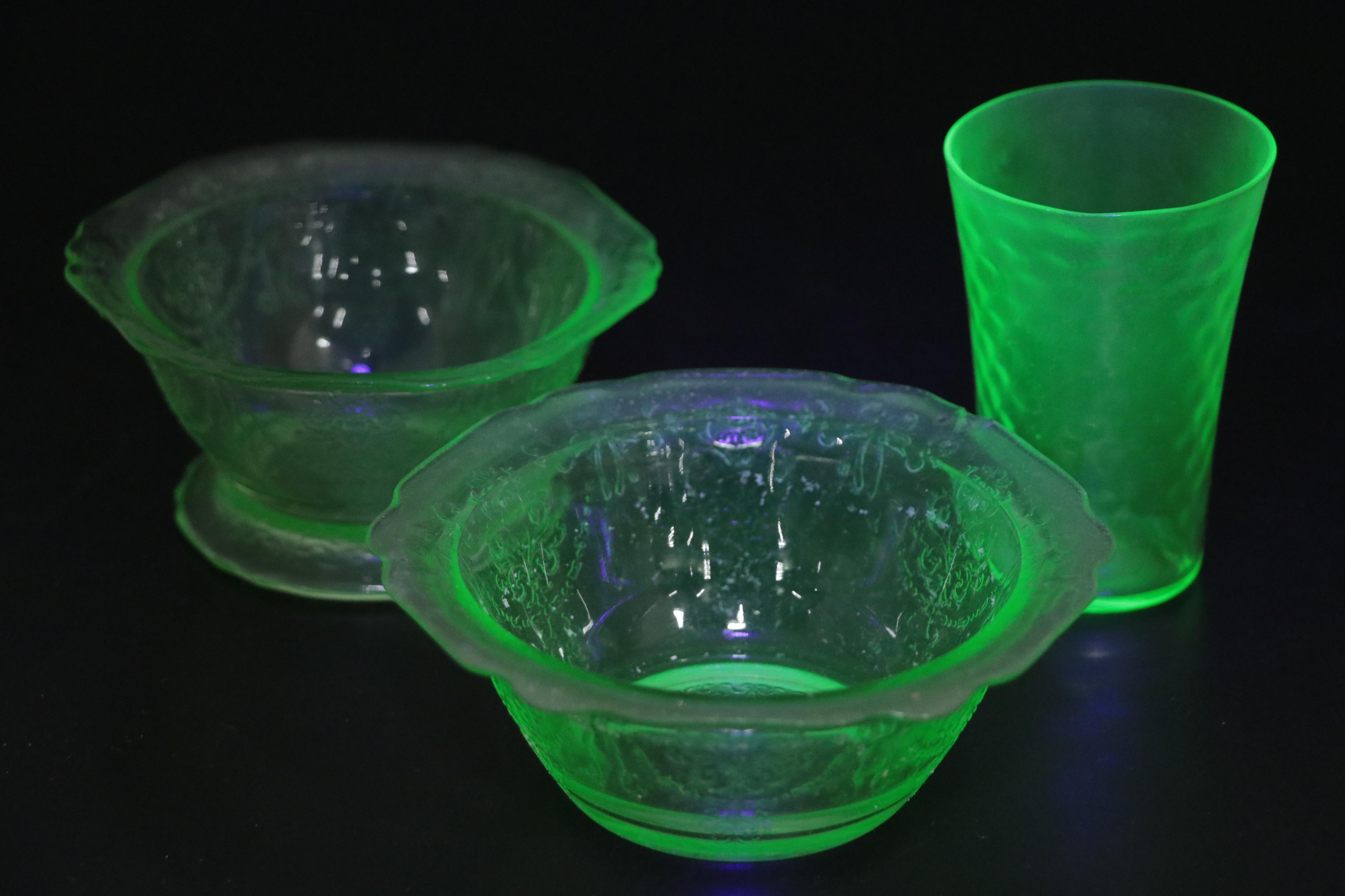 Glass Orange Juice Pitcher and Glasses with Green Depression Glass Tableware