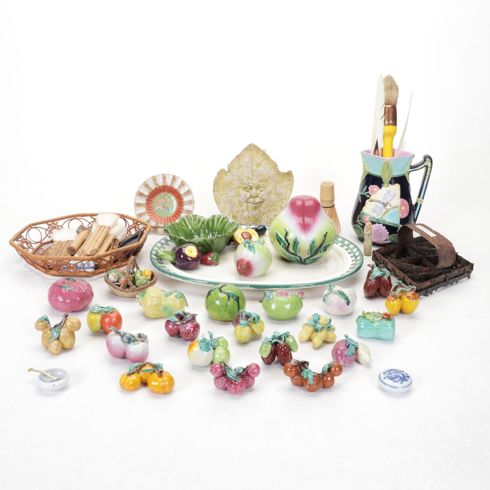 Chinese Fruit-Shaped Water Droppers, Batik Stamp, Brushes and Nature Pottery