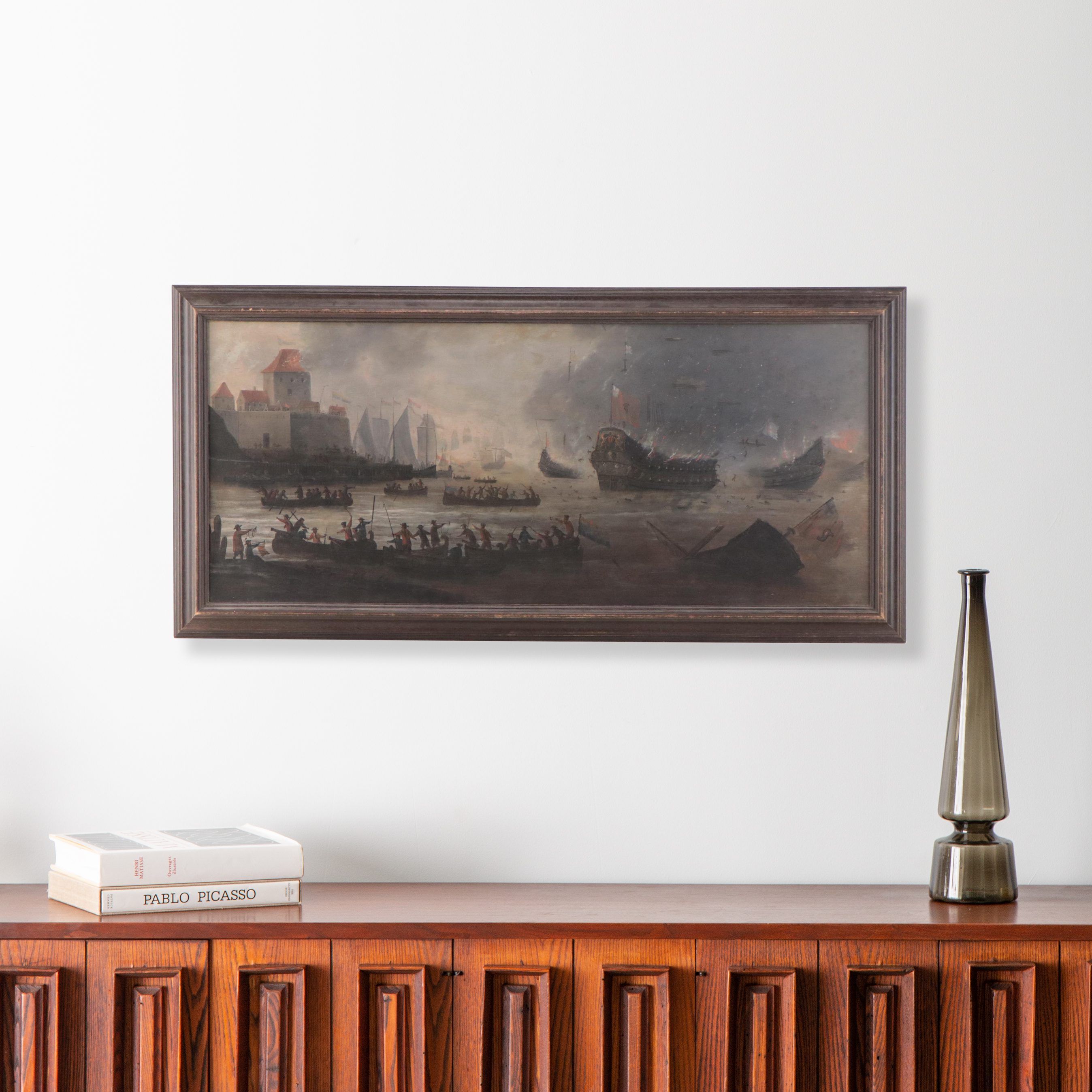 Oil Painting of Naval Battle Scene, 18th or 19th Century