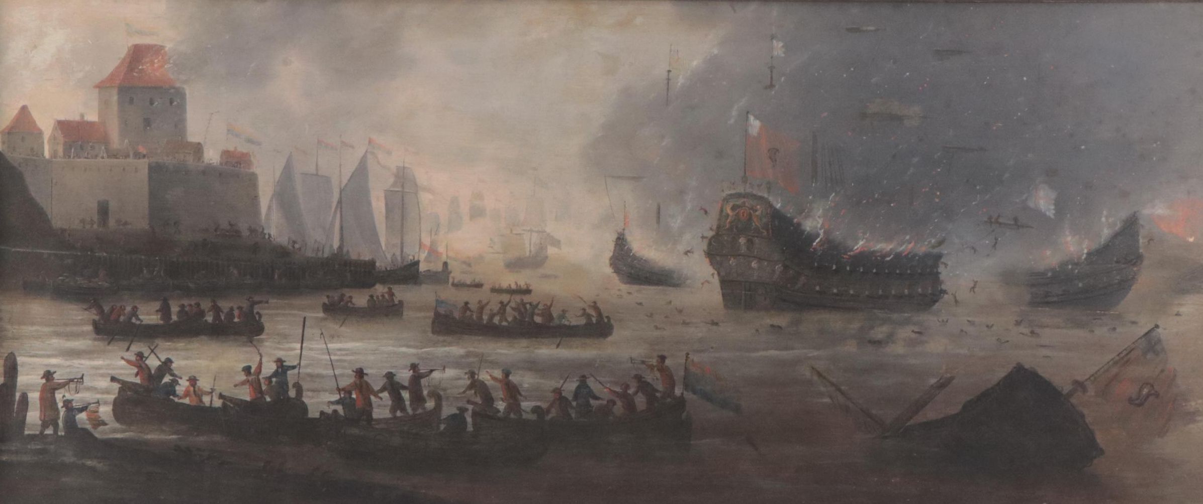 Oil Painting of Naval Battle Scene, 18th or 19th Century