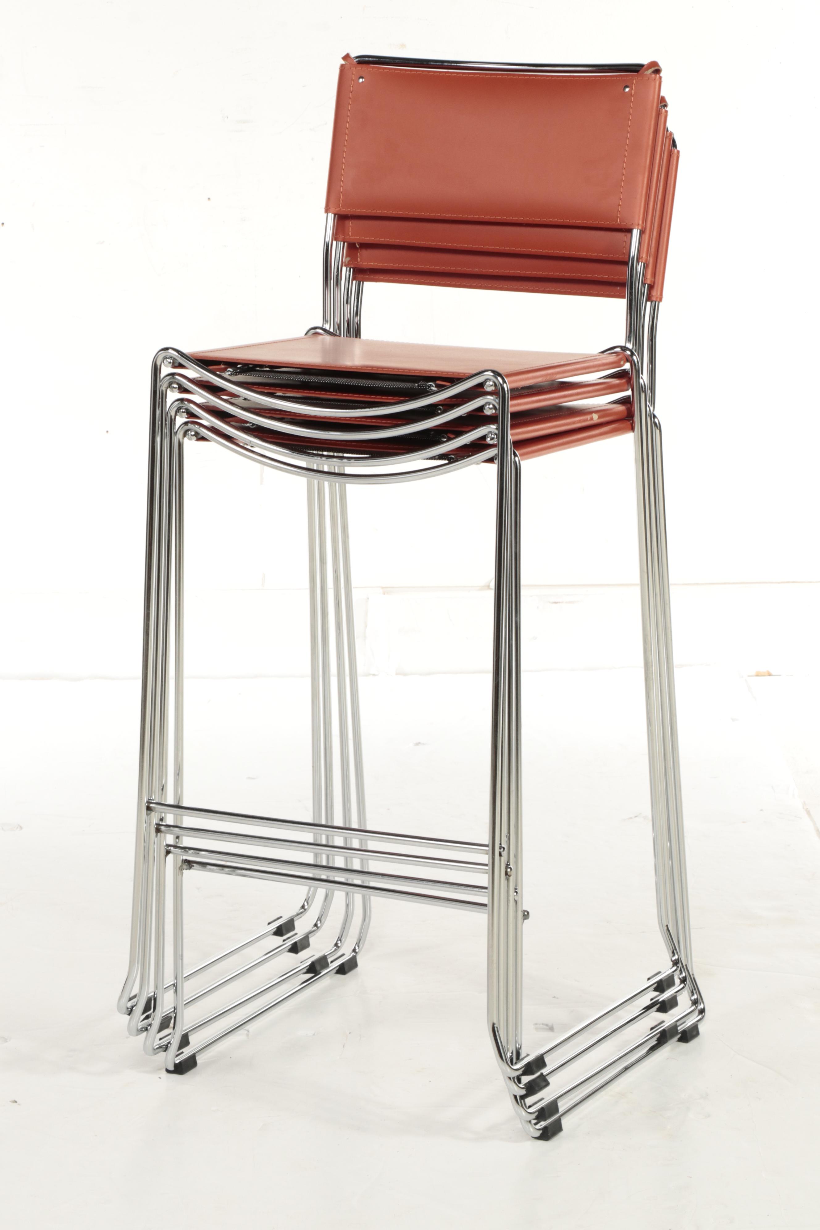 Four Italian Modern Leather and Chromed Steel Stools