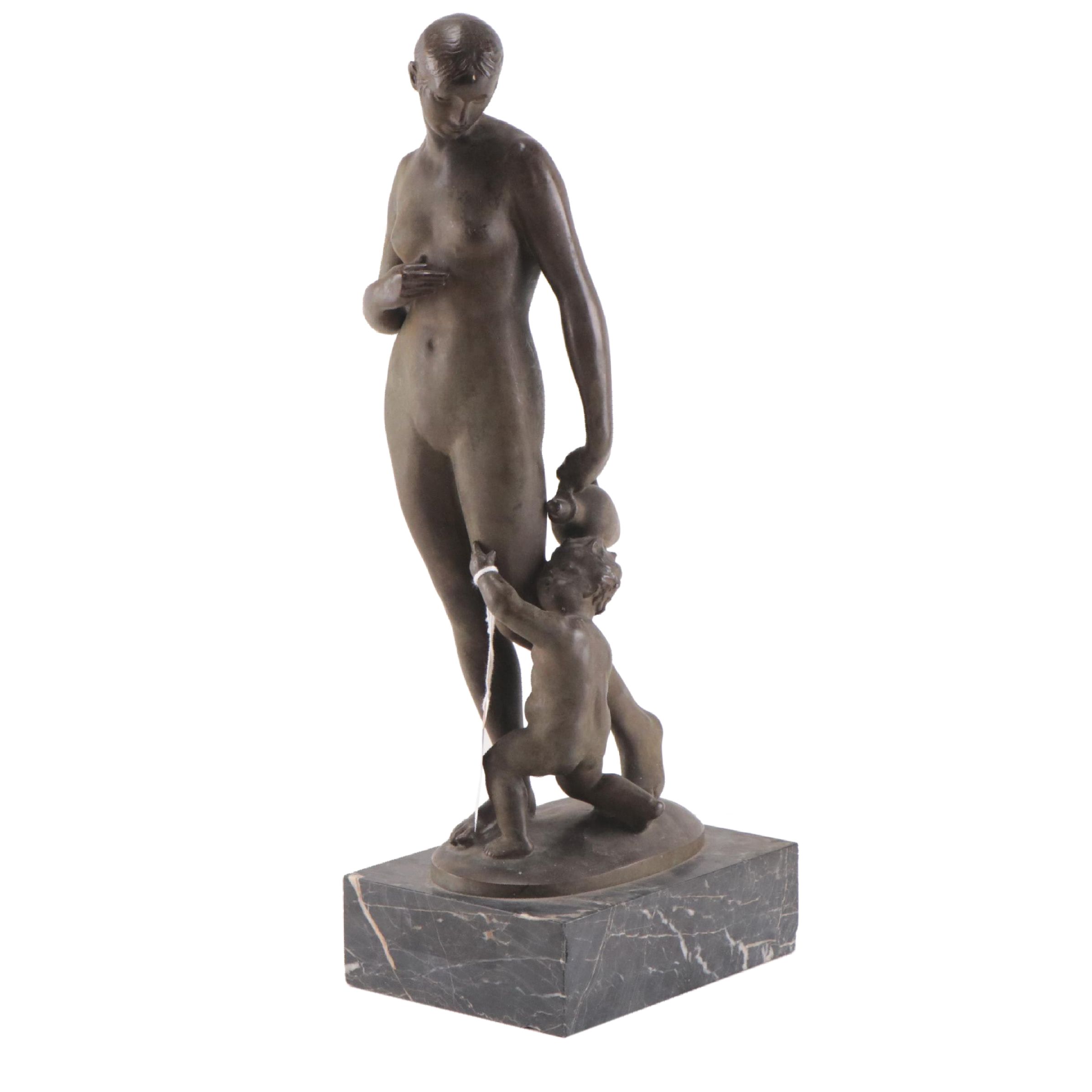 György Nemes Bronze Sculpture of Woman and Child With Water Pitcher