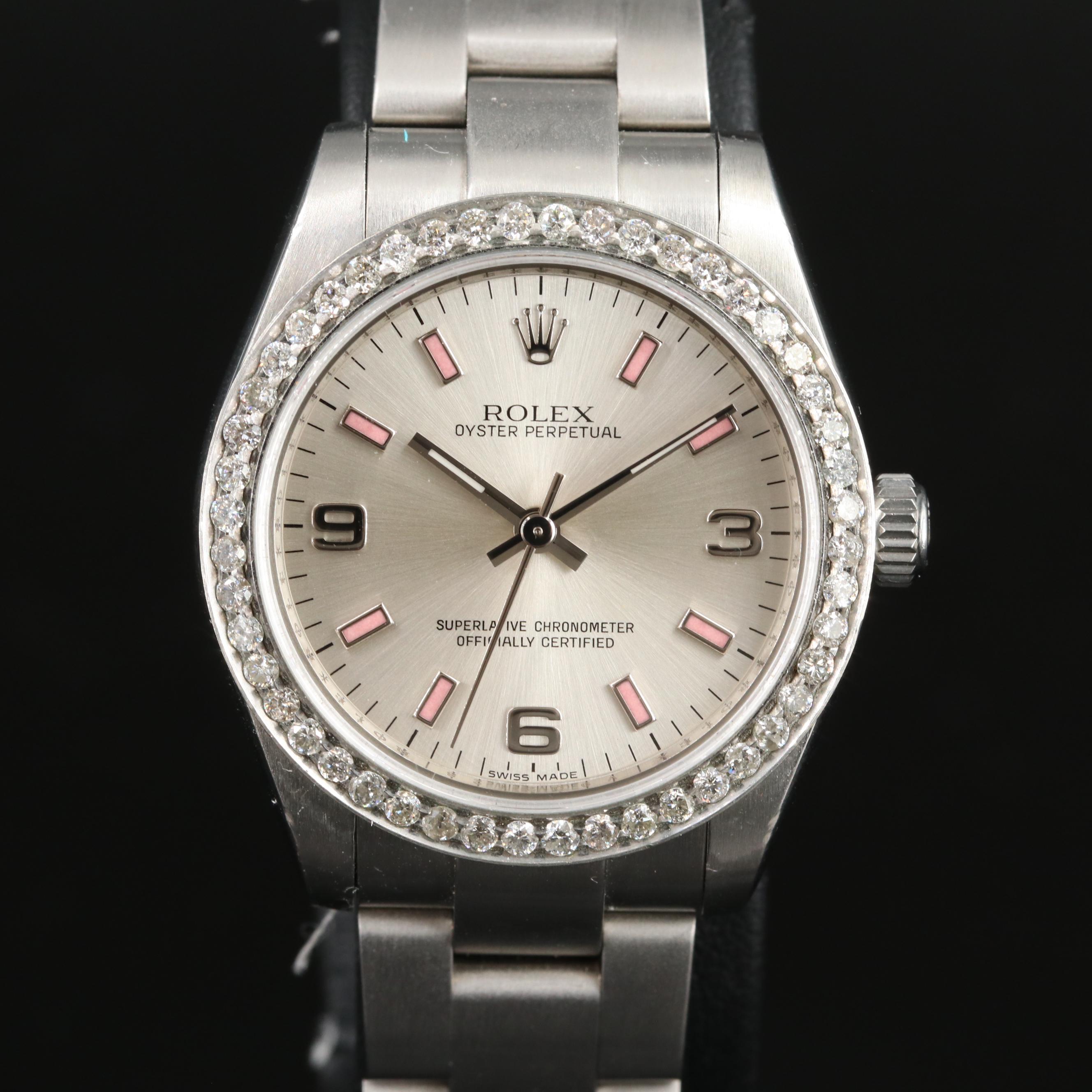 Rolex Oyster Perpetual Watch with Custom Diamond Bezel