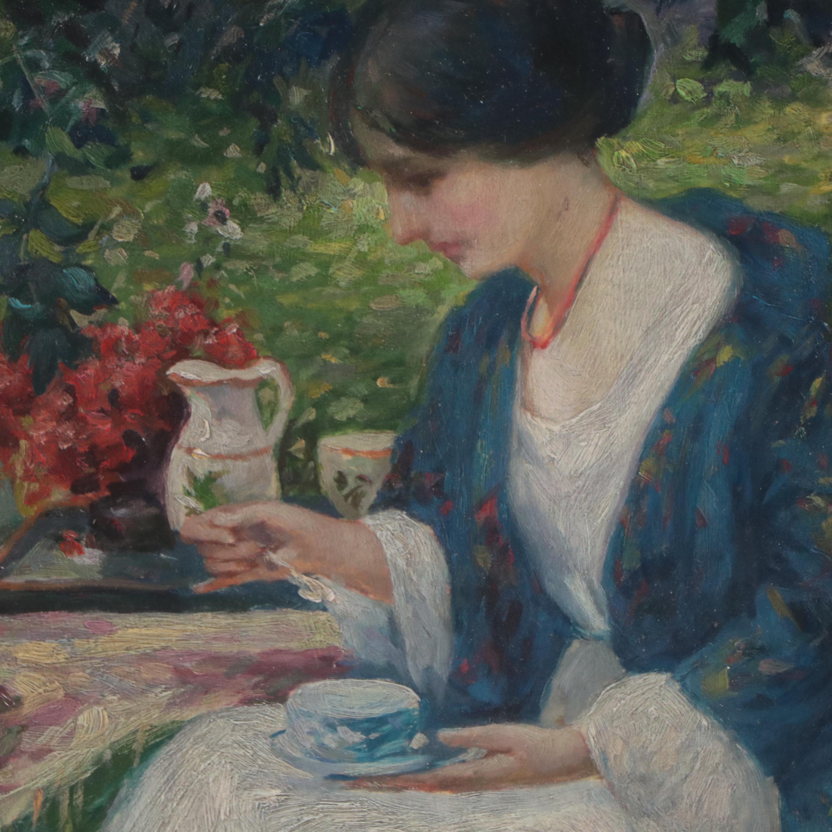 Impressionist Style Oil Painting of Woman in a Garden, Circa 2000