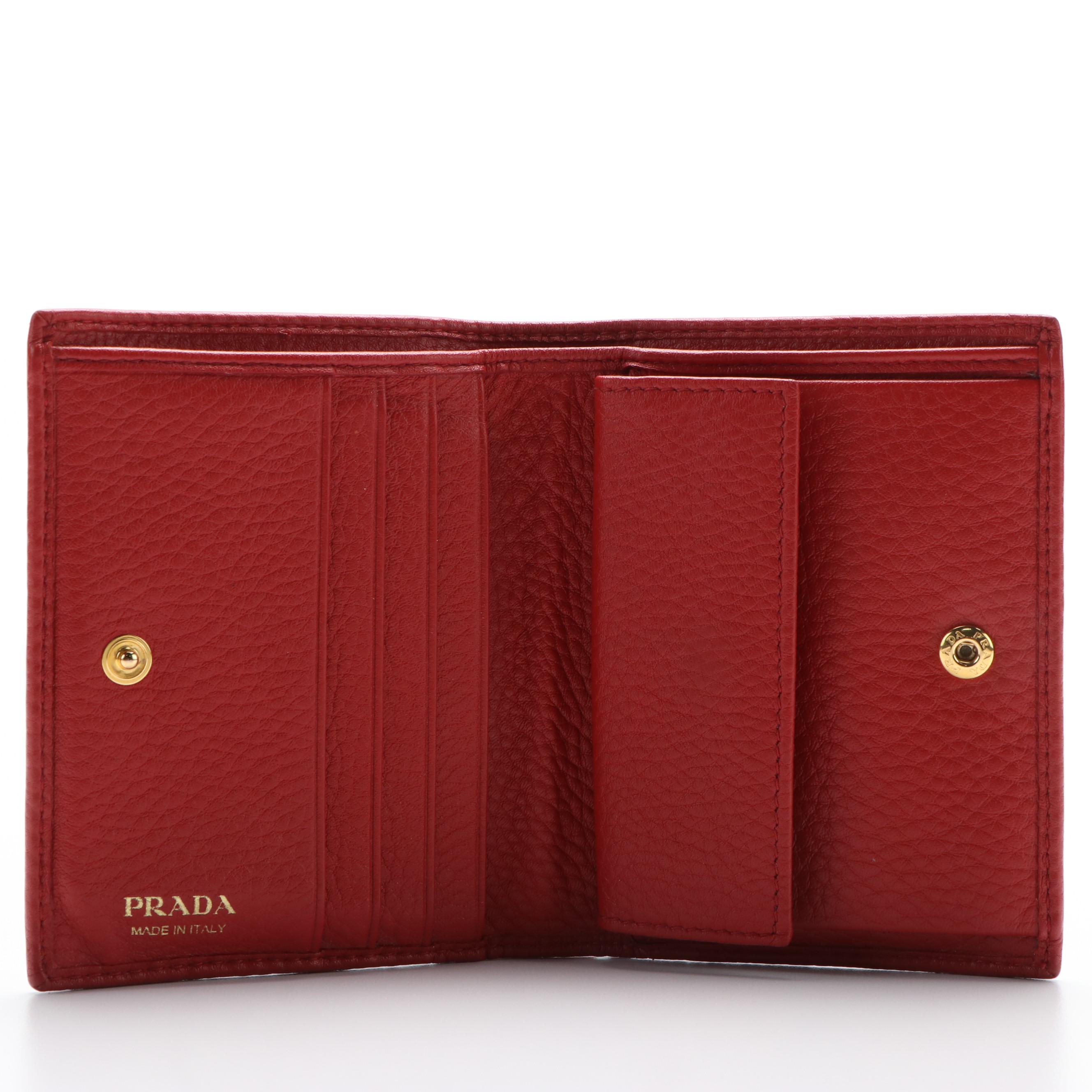 Prada Red Pebbled Leather Bifold Wallet
