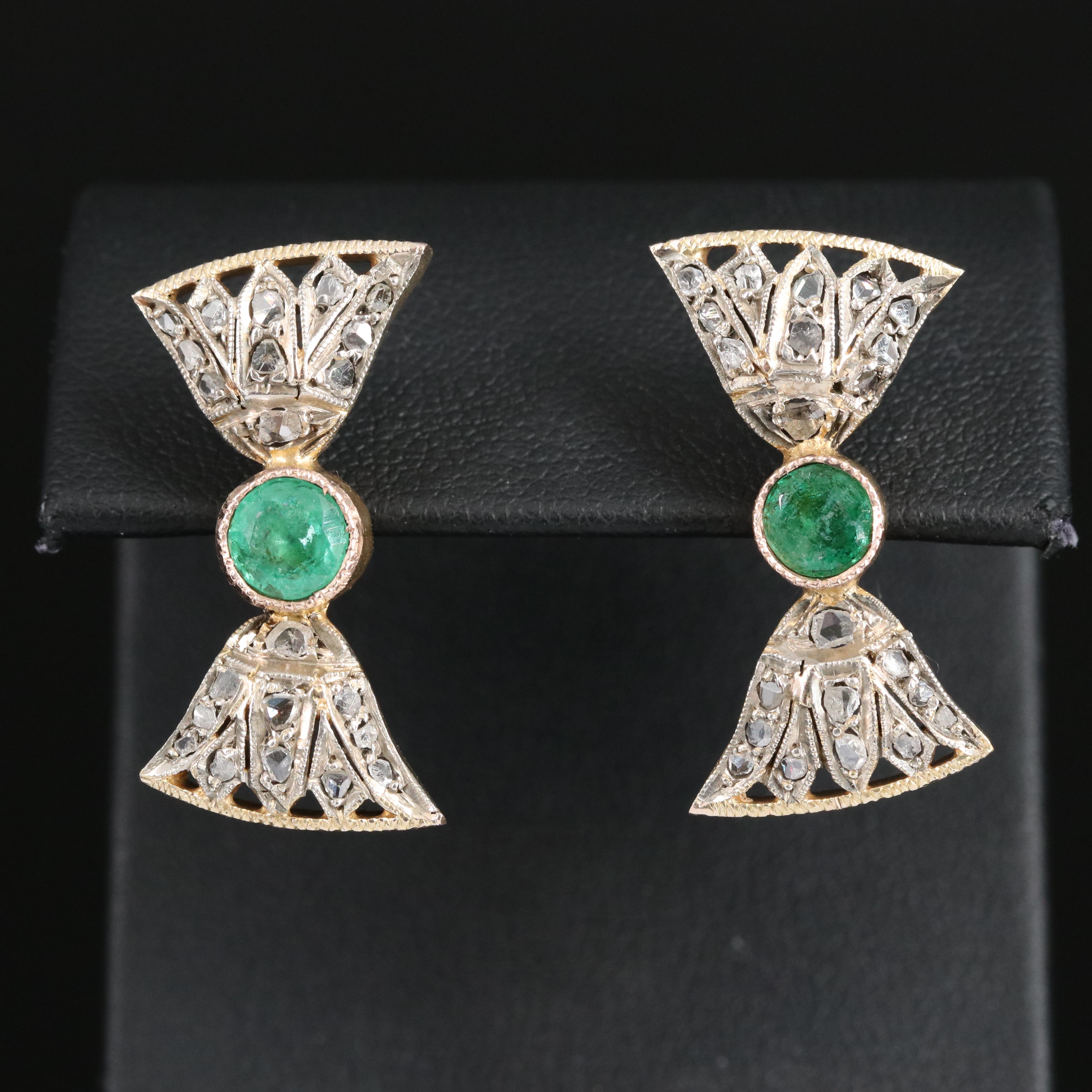 Egyptian Revival 10K and Sterling Emerald and Diamond Papyrus Motif Earrings