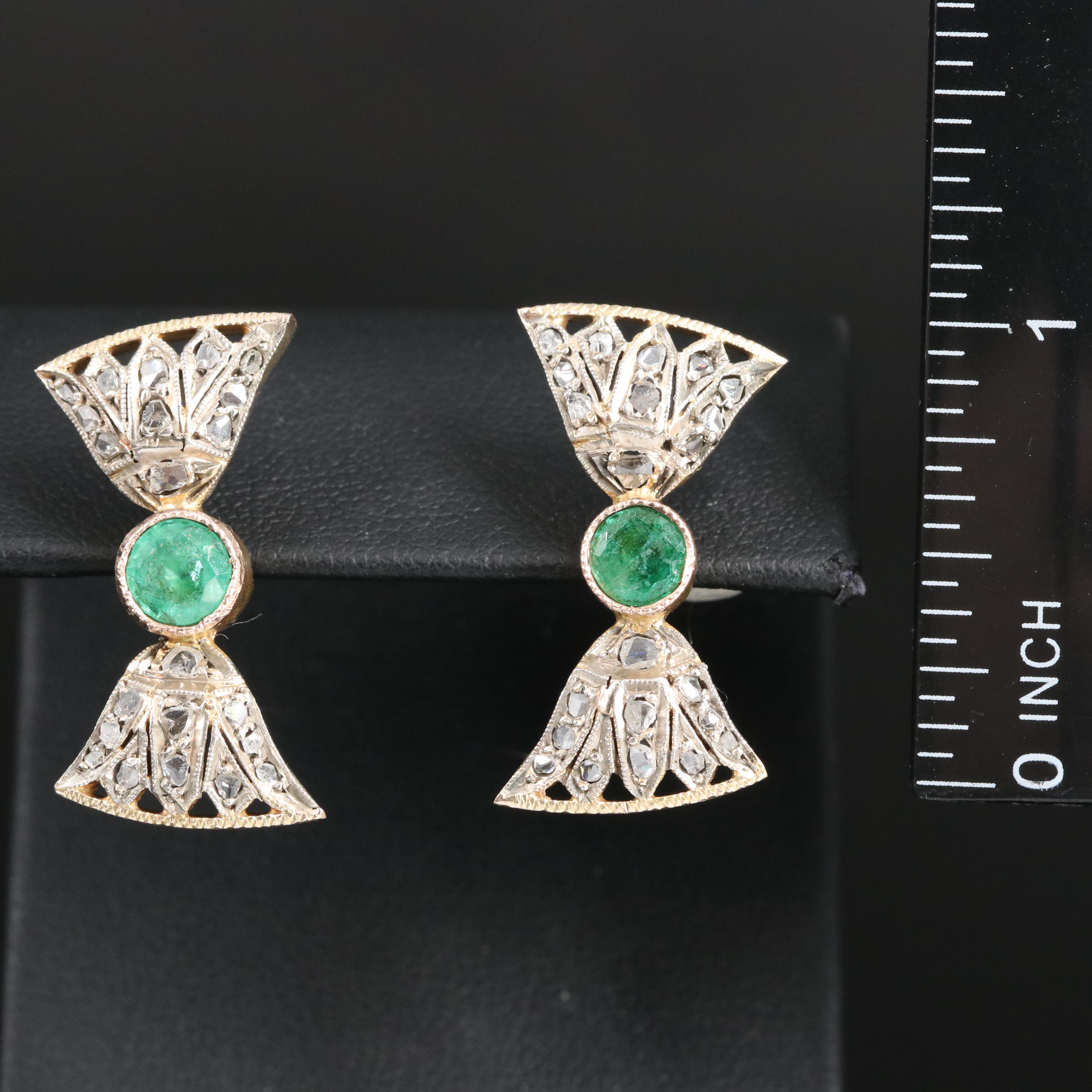 Egyptian Revival 10K and Sterling Emerald and Diamond Papyrus Motif Earrings